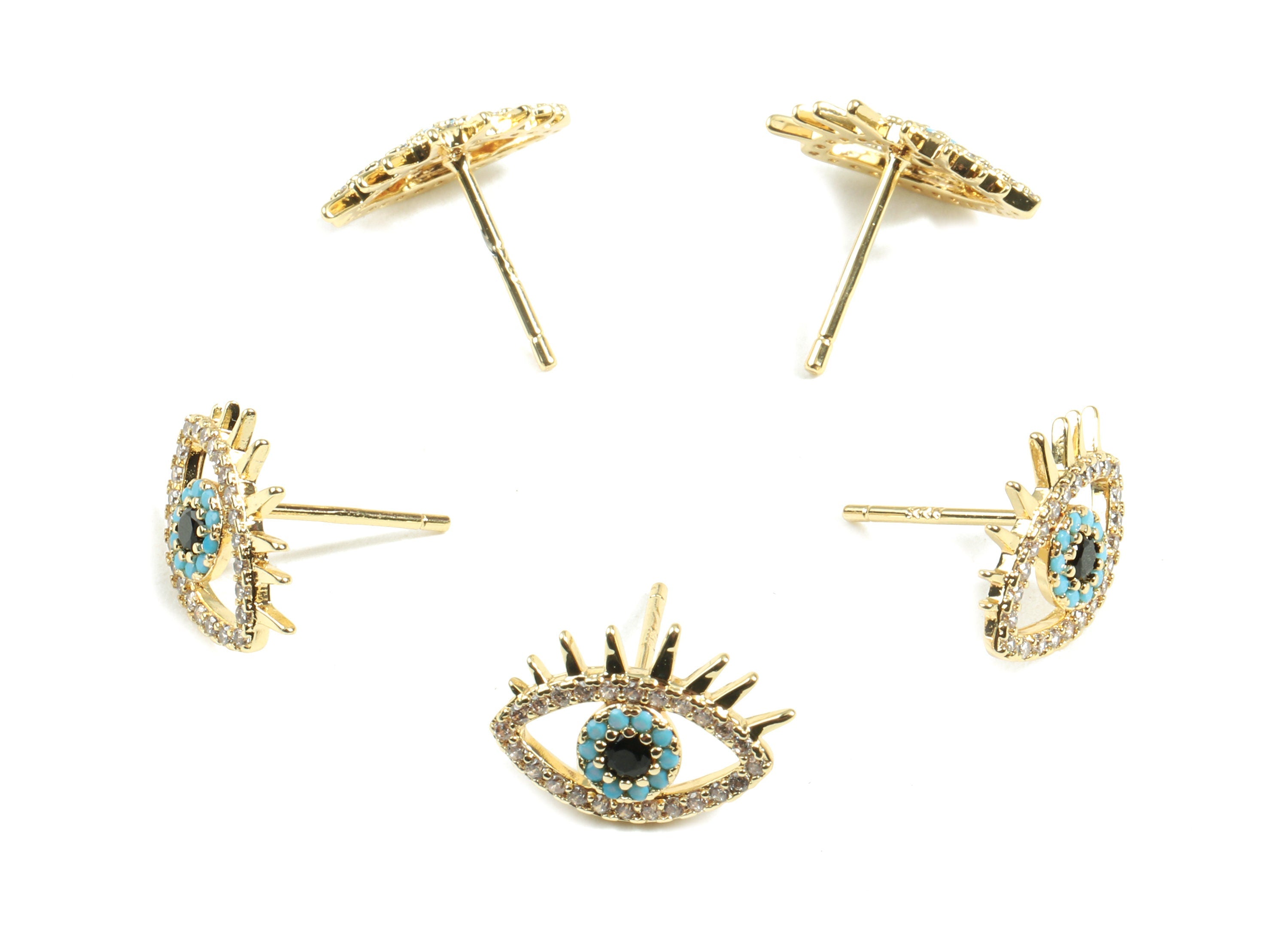 Brass Eye Earring Stud With Zircon - Brass Eye Earring Post - 18K Real Gold Plated Brass - Jewelry Supplies - 14.12x9.75x1.79mm - RGP2412 - DOMEDBAZAAR
