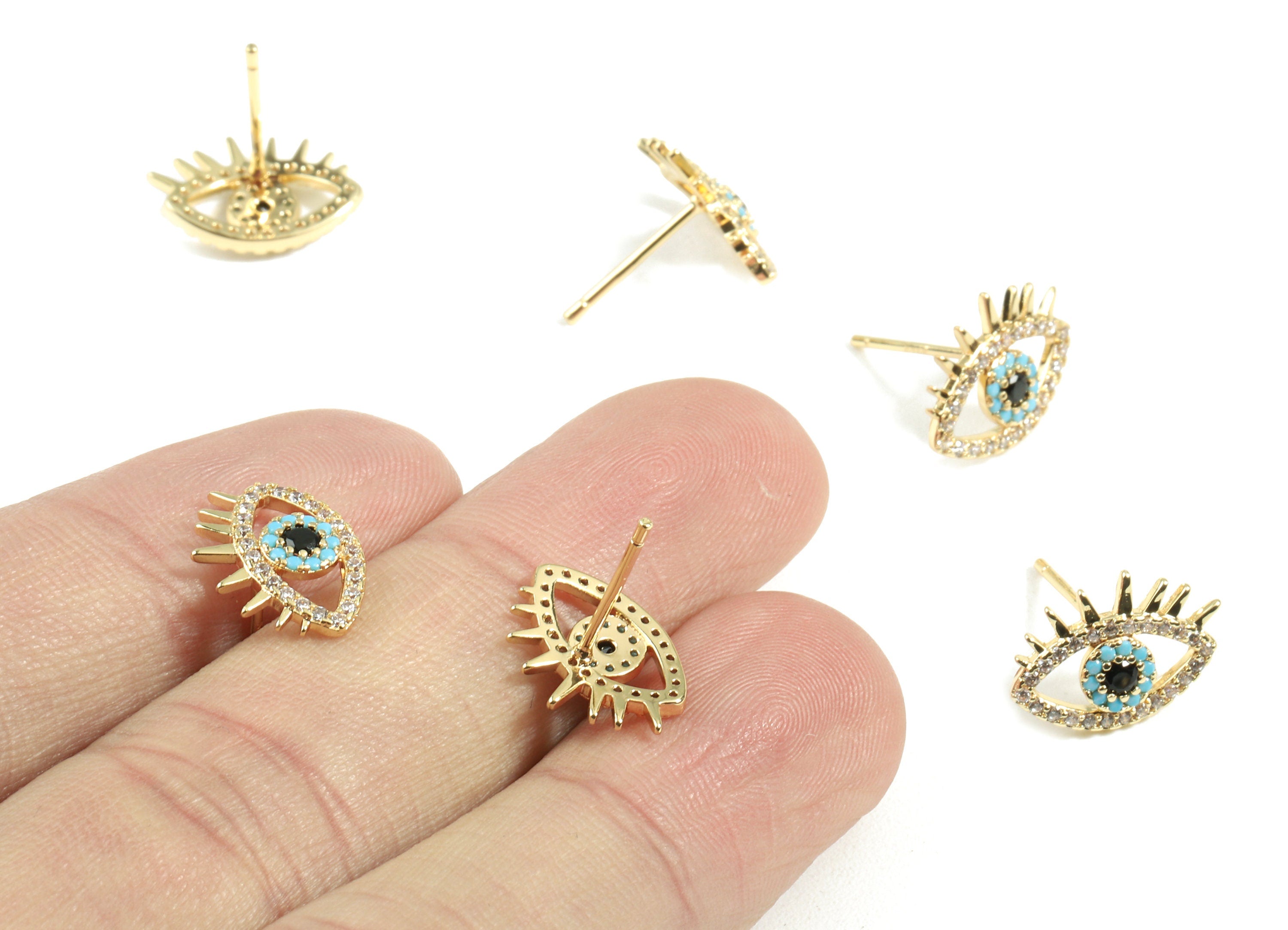 Brass Eye Earring Stud With Zircon - Brass Eye Earring Post - 18K Real Gold Plated Brass - Jewelry Supplies - 14.12x9.75x1.79mm - RGP2412 - DOMEDBAZAAR