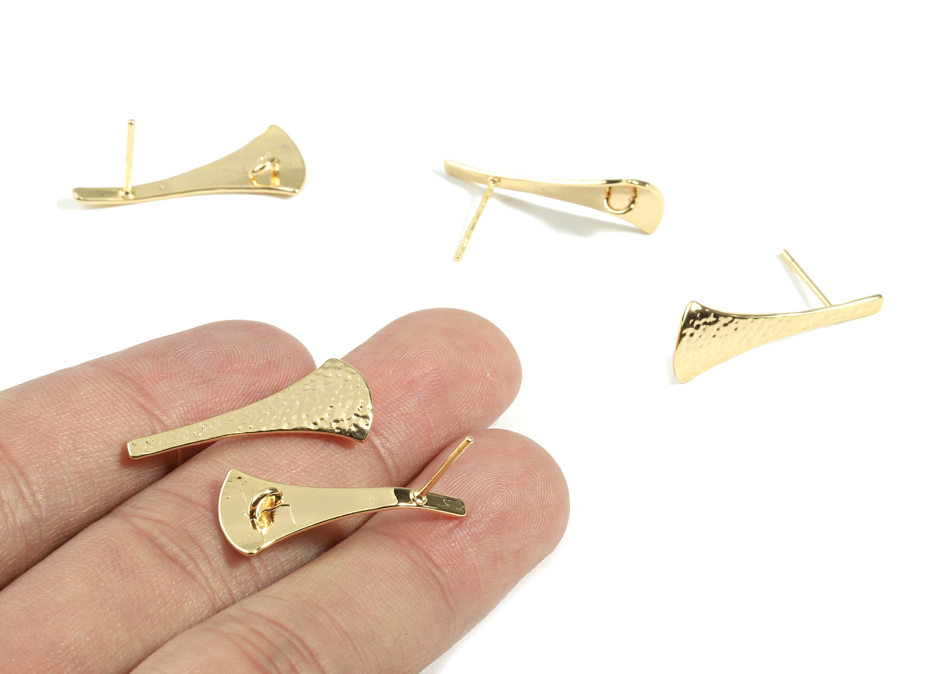 Brass Earring Stud - Brass Hammered Earring Post - 18K Real Gold Plated Brass - Jewelry Supplies - 27.45x10.92x0.84mm - RGP2372 - DOMEDBAZAAR