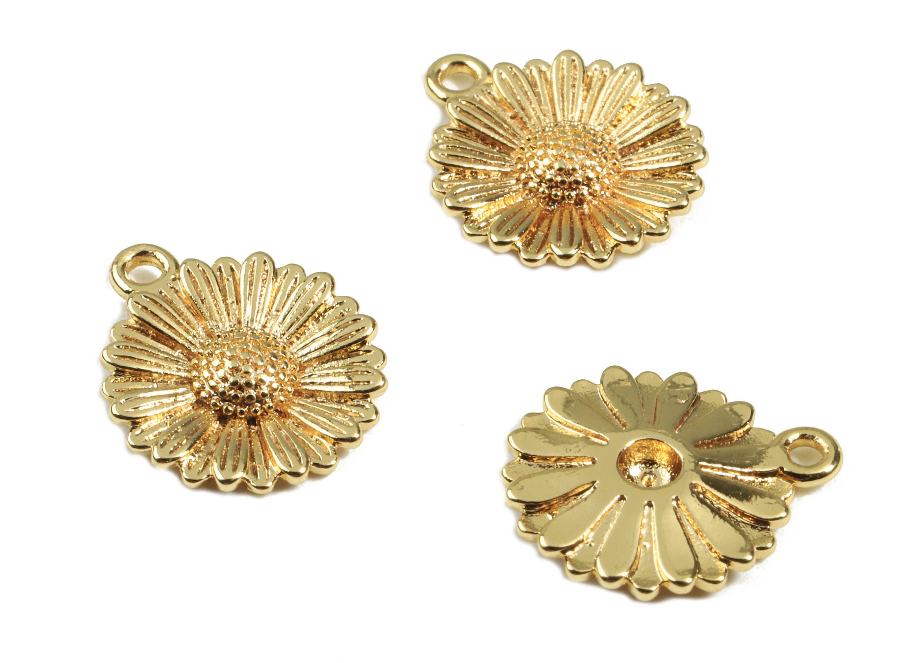 Brass Daisy Earring Charms - Brass Daisy Earring Pendant - 18K Real Gold Plated Brass - Jewelry Supplies - 14.53x12.15x2.38mm - RGP2438 - DOMEDBAZAAR