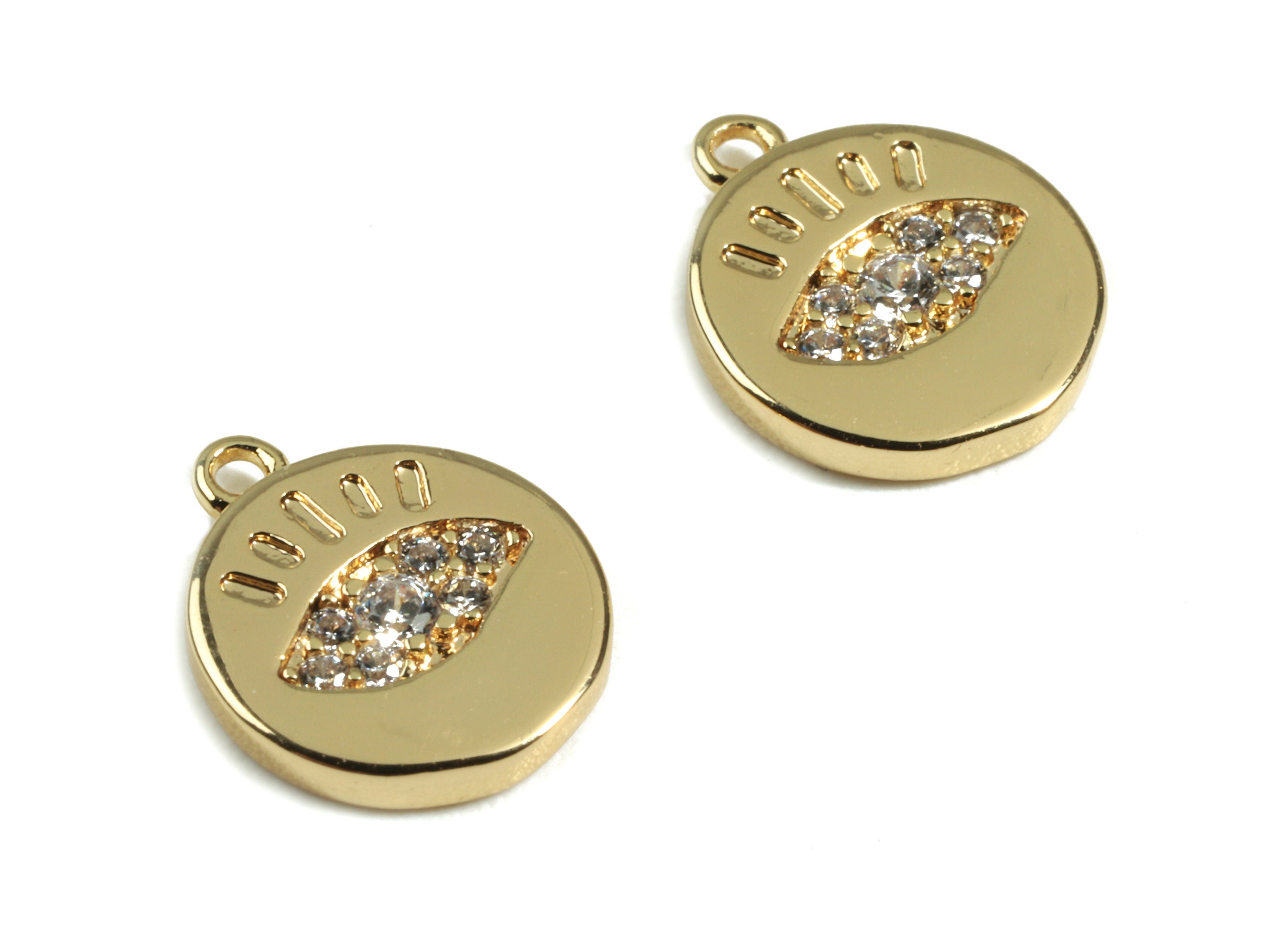 Brass Eye Charms With Zircon - Brass Gold Round Bracelet Charms - 18K Real Gold Plated Brass - Jewelry Supplies - 10.04x8.7x1.58mm - RGP2418 - DOMEDBAZAAR