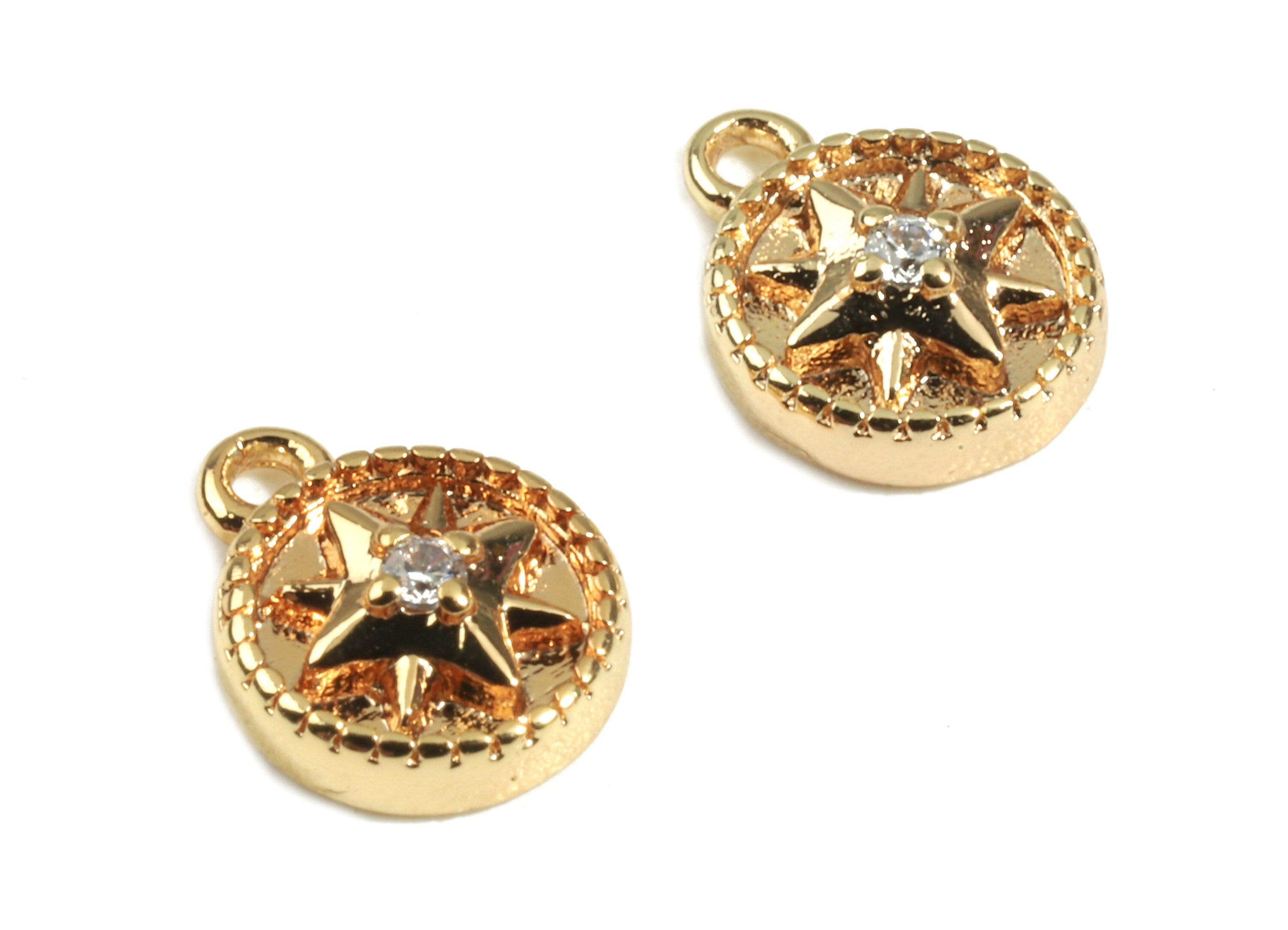 Brass Round Earring Charms - Brass Gold Star Earring Bracelet Charms - 18K Real Gold Plated Brass - Jewelry Supplies - 7.6x5.8x2.3mm-RGP2421 - DOMEDBAZAAR