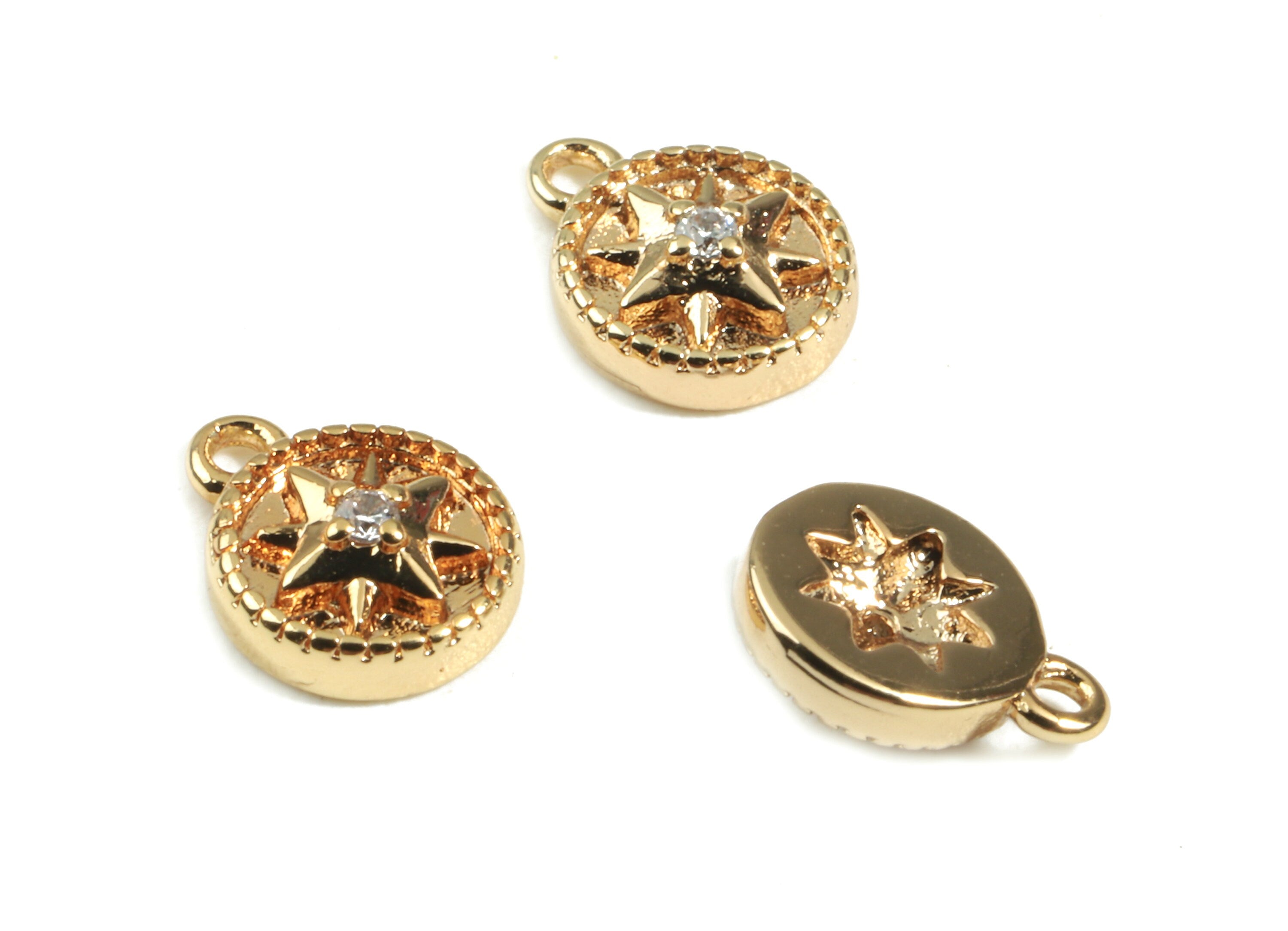 Brass Round Earring Charms - Brass Gold Star Earring Bracelet Charms - 18K Real Gold Plated Brass - Jewelry Supplies - 7.6x5.8x2.3mm-RGP2421 - DOMEDBAZAAR