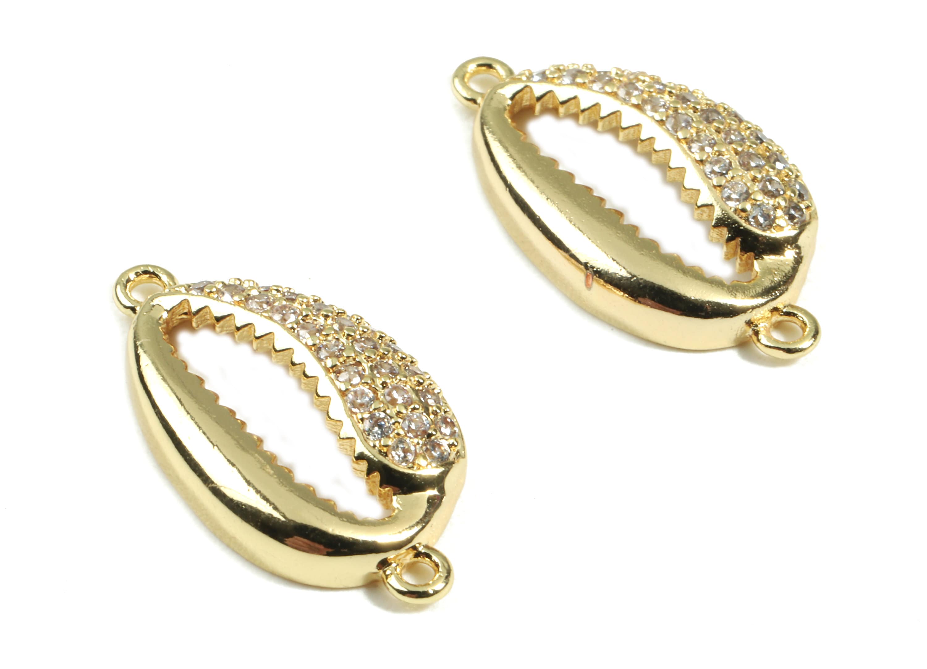 Brass Cowrie Seashell Connector - Brass Cut Open Mussel Shell With Zircon - 18K Real Gold Plated Brass - 20.58x11.16x2.03mm - RGP2444 - DOMEDBAZAAR