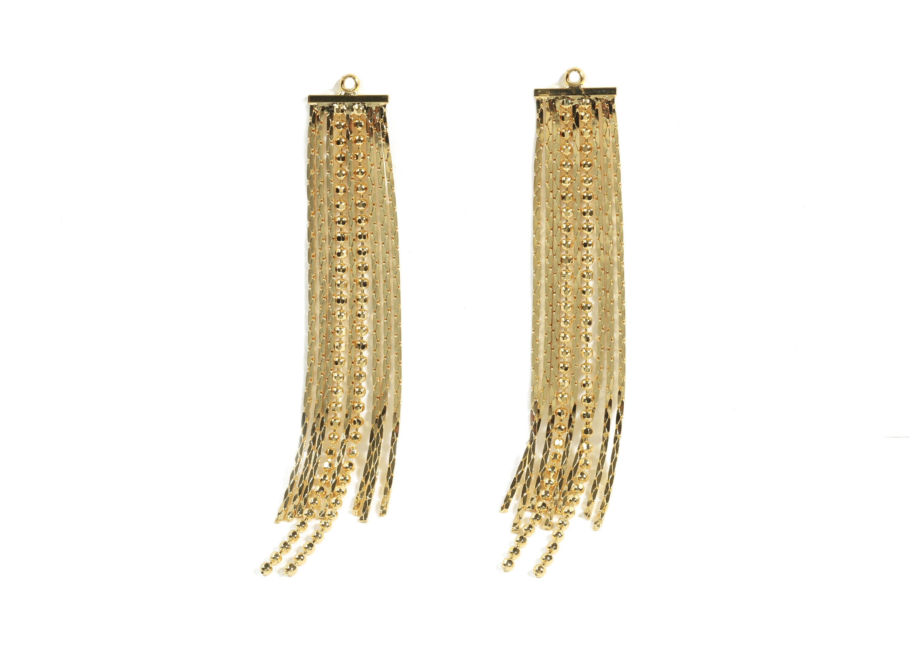 Brass Gold Chain Tassel Earring Charms - Brass Ball Chain Tassel Earrings Charms - 18k Real Gold Plated Brass - 73x10x1.5mm - RGP2369 - DOMEDBAZAAR