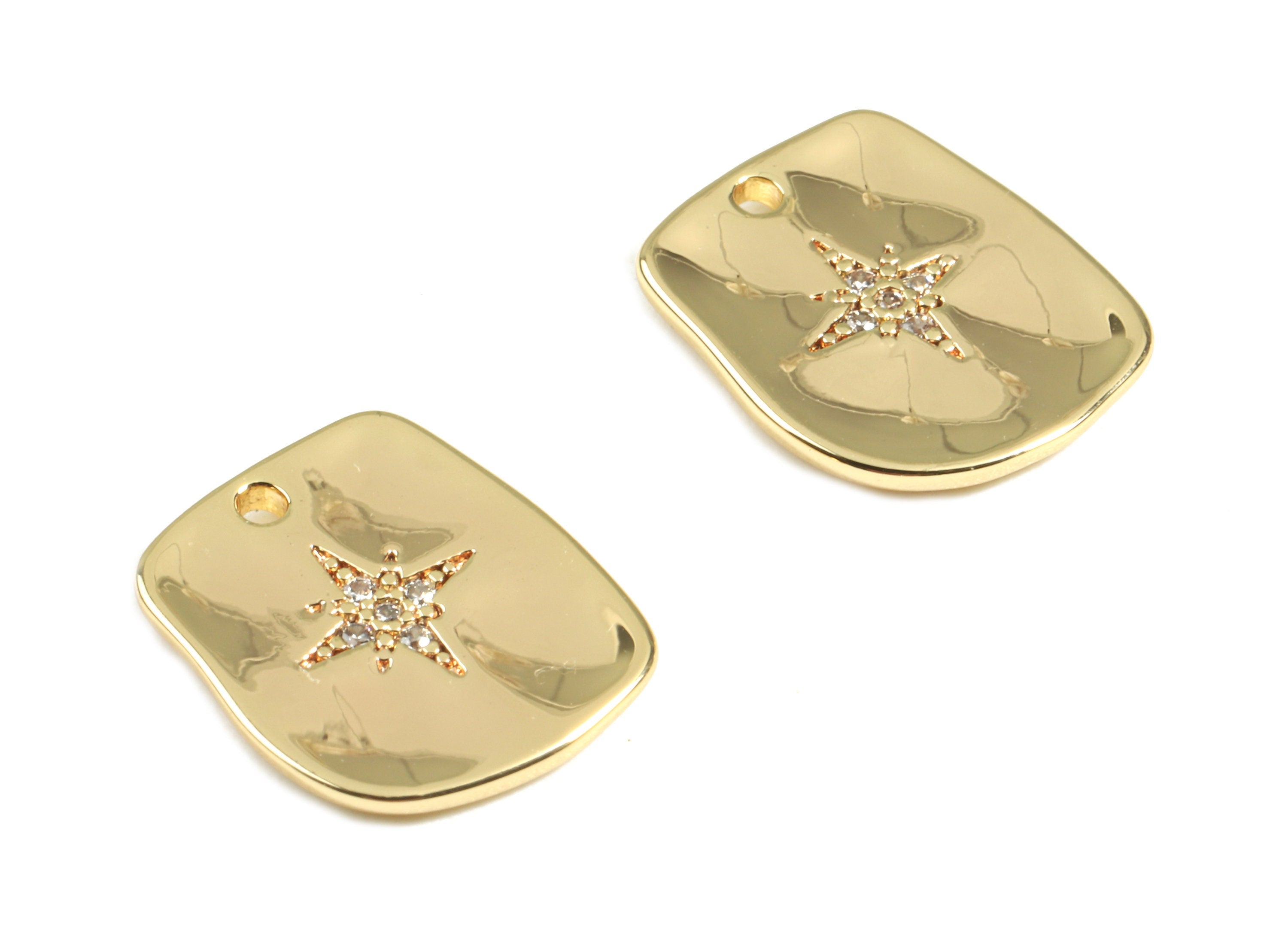 Brass Mini Star Charms With Zircon - Brass Star Charms For Earring Bracelet - 18K Real Gold Plated Brass - 13.85x11.75x1.43mm - RGP2399 - DOMEDBAZAAR