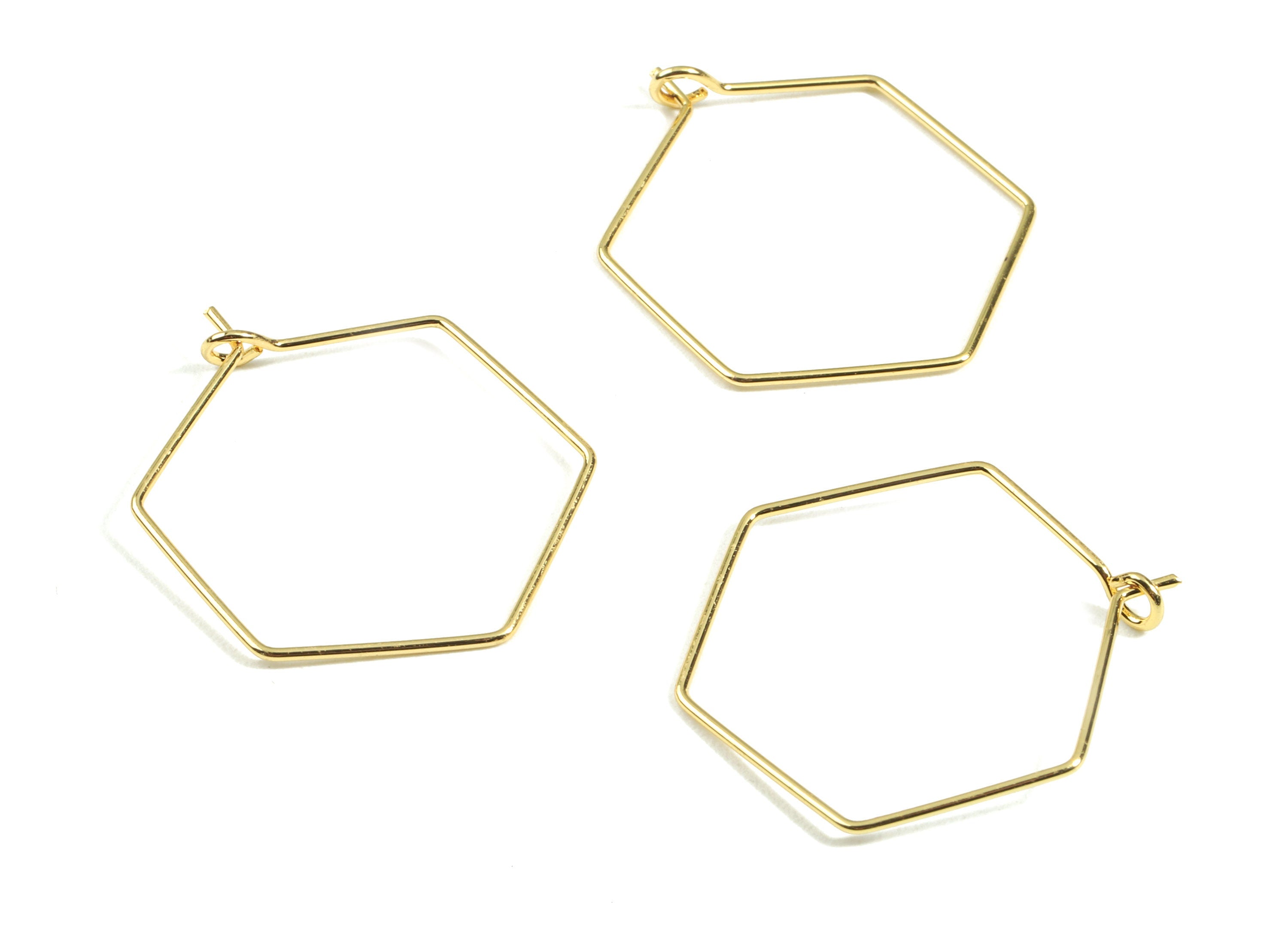 Brass Hexagon Earring Hoops - Brass Hexagon Earring Ear Wire - 18K Real Gold Plated Brass - Jewelry Supplies - 29.68x24.7x0.74mm - RGP2396 - DOMEDBAZAAR