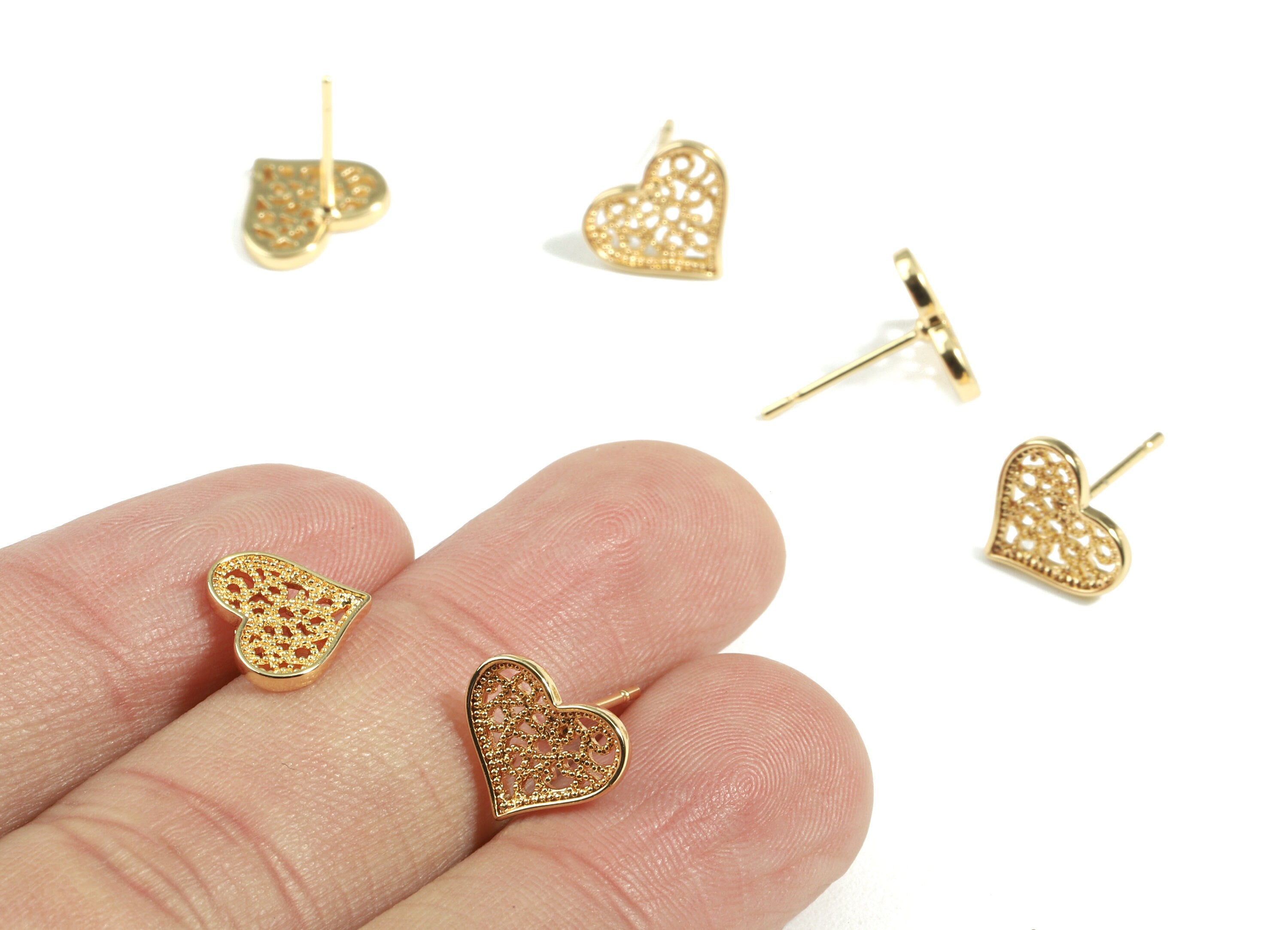 Brass Heart Earring Post - Brass Heart Earring Stud - 18K Real Gold Plated Brass - Jewelry Supplies - 10.55x9.17x1.35mm - RGP2402 - DOMEDBAZAAR