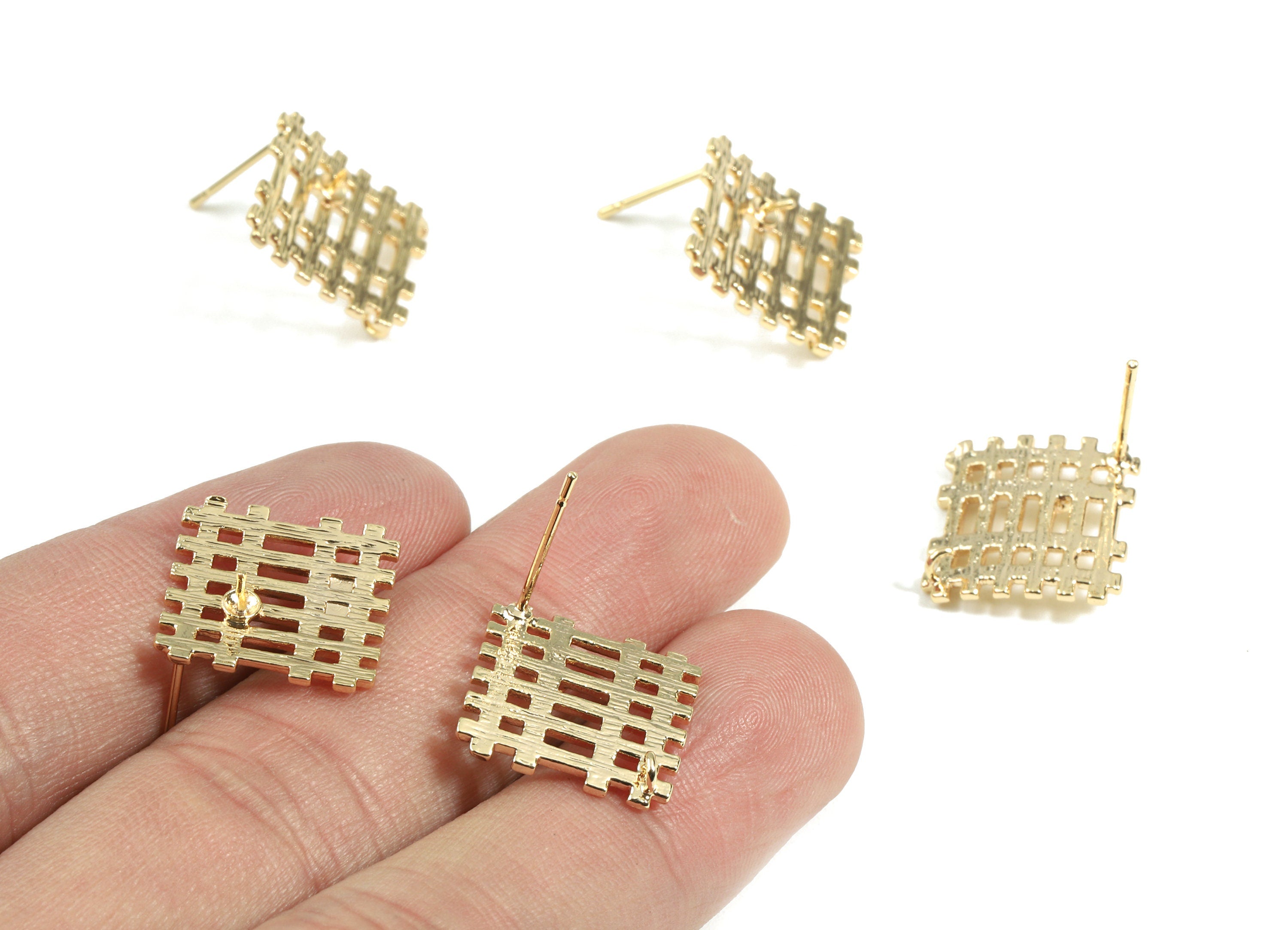 Brass Gold Square Earring Post - Brass Fence Square Stud With Loop - 18K Real Gold Plated Brass - Surgical Stud - 15.4x15.4x3.23mm - RGP2357 - DOMEDBAZAAR