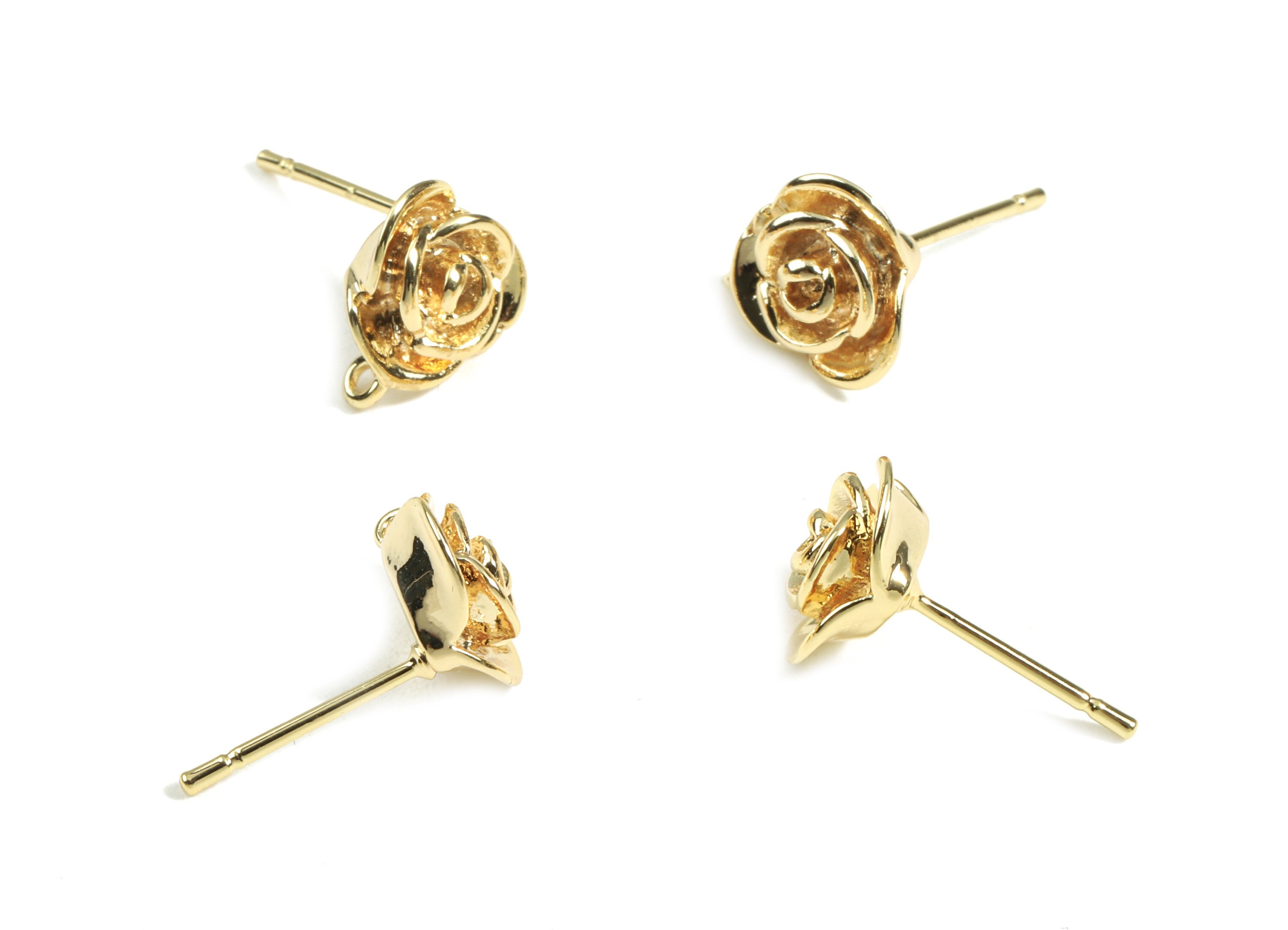 Brass Rose Earring Post - Brass Gold Rose Earring Stud - 18K Real Gold Plated Brass - Surgical Stud - 11.06x10.07x0.83mm - RGP2384 - DOMEDBAZAAR