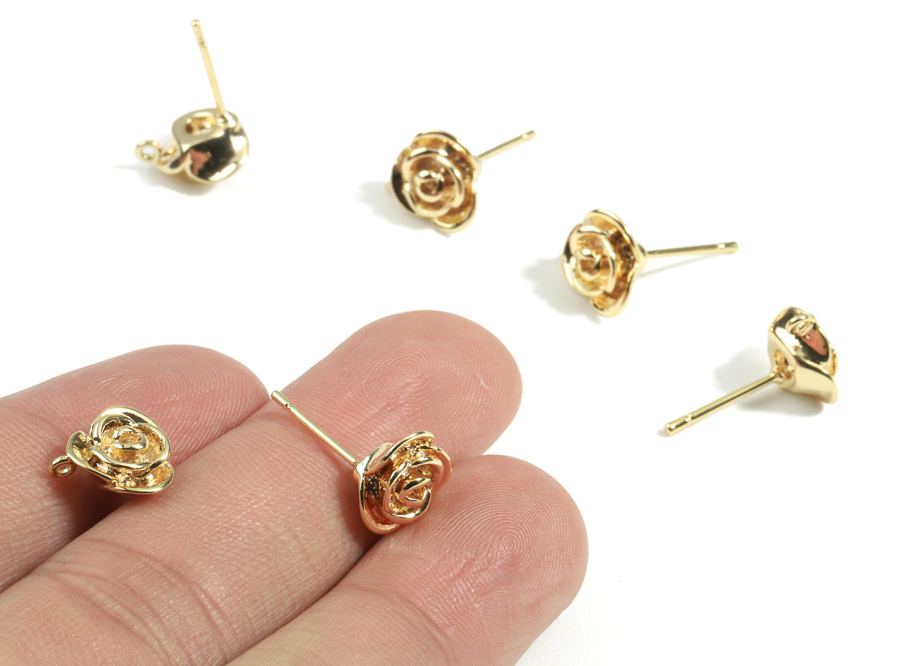 Brass Rose Earring Post - Brass Gold Rose Earring Stud - 18K Real Gold Plated Brass - Surgical Stud - 11.06x10.07x0.83mm - RGP2384 - DOMEDBAZAAR