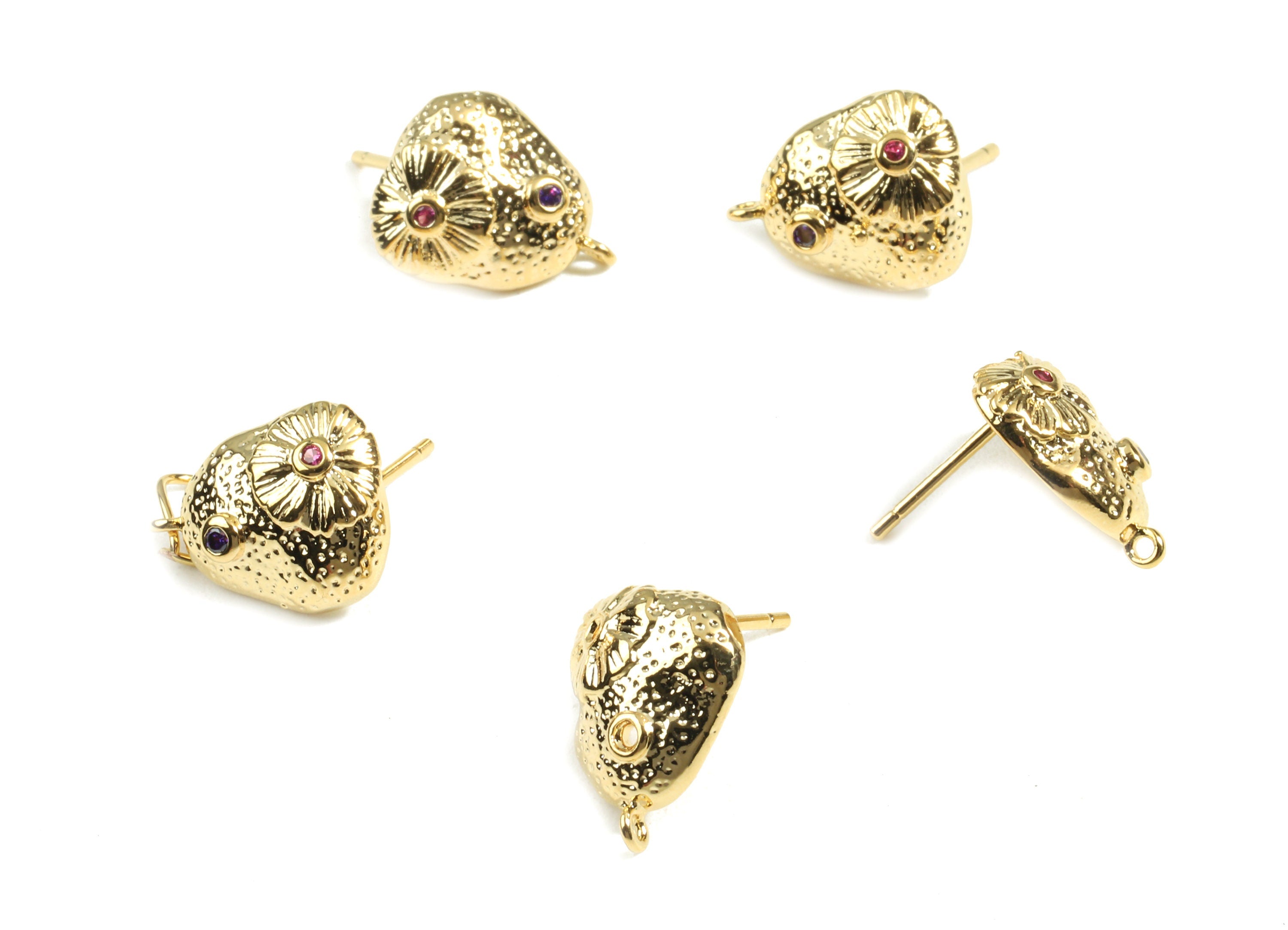 Brass Mushroom Earring Stud With Loop - Brass Mushroom Earring Post With Zircons - 18K Real Gold Plated Brass - 12.88x10.29x1.54mm - RGP2439 - DOMEDBAZAAR