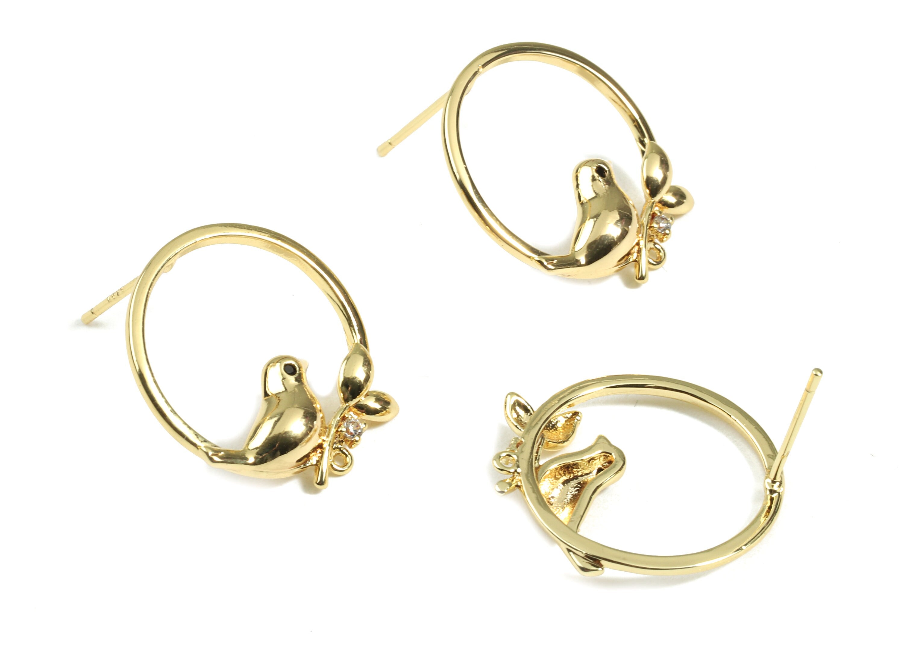 Brass Gold Bird Circle Earring Stud - Brass Bird Earrring Post With Loop - 18K Real Gold Plated Brass - 20.83x19.47x3.1mm - RGP2358 - DOMEDBAZAAR