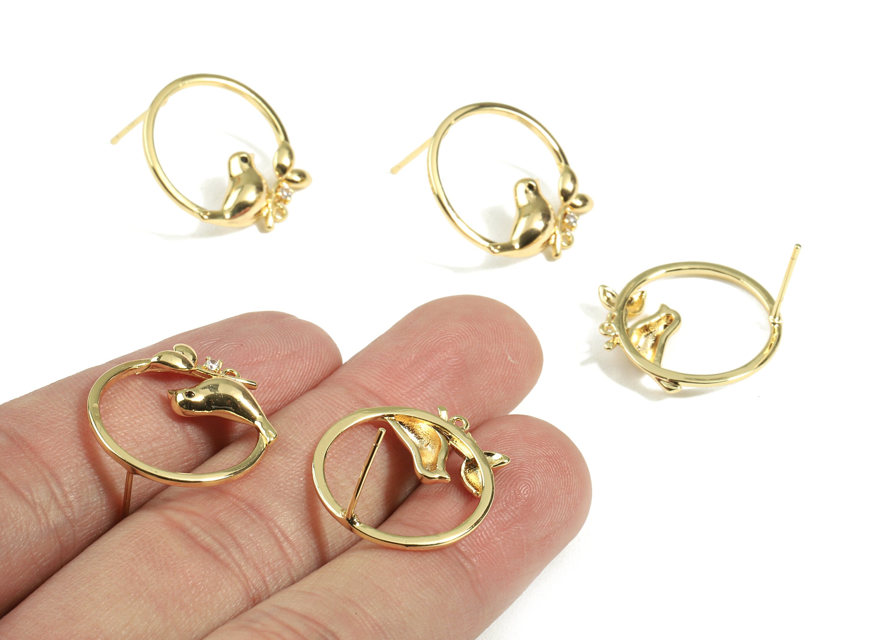 Brass Gold Bird Circle Earring Stud - Brass Bird Earrring Post With Loop - 18K Real Gold Plated Brass - 20.83x19.47x3.1mm - RGP2358 - DOMEDBAZAAR