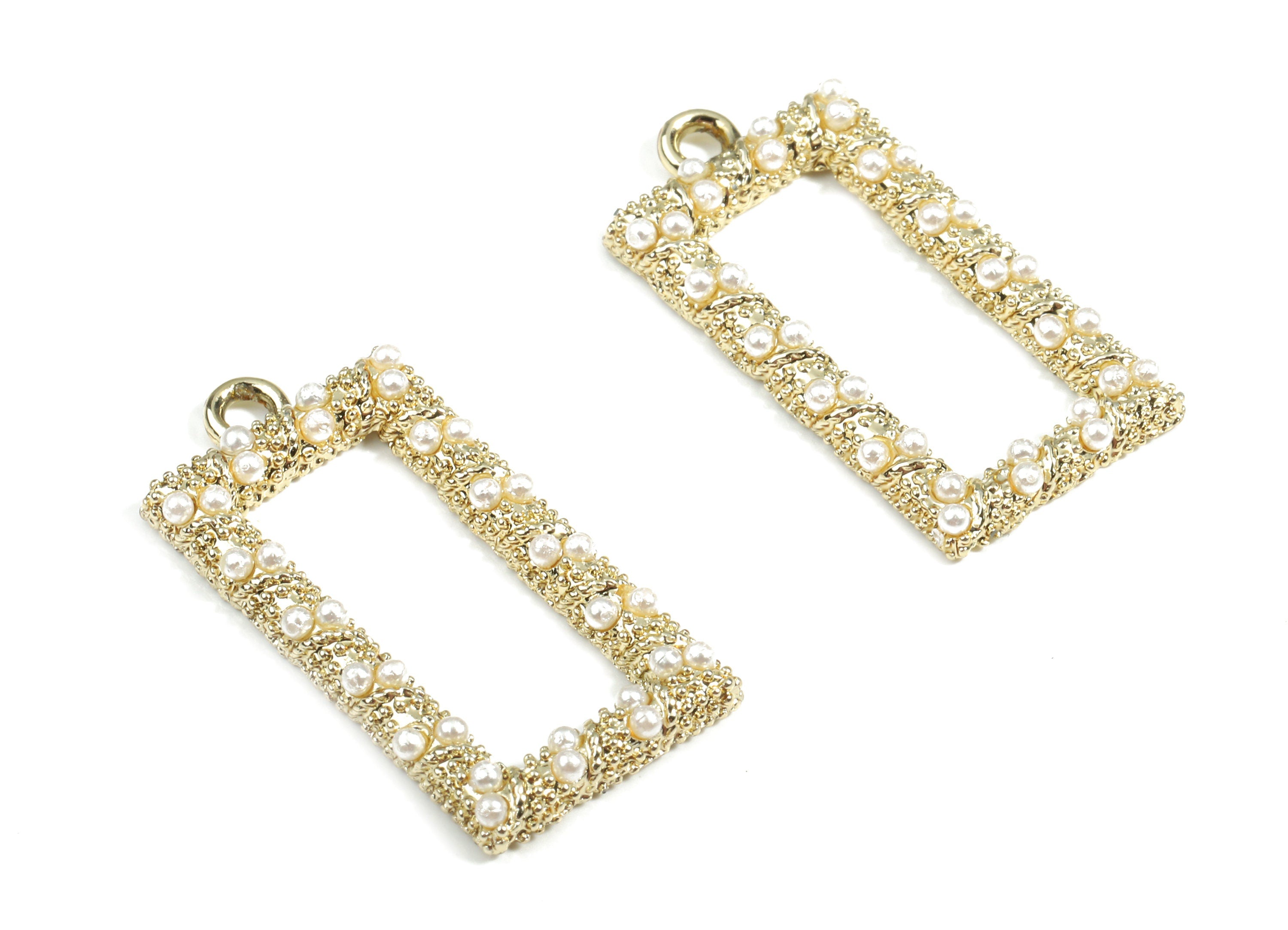 Alloy Rectangle Pendant With Peals - Zinc Alloy Rectangle Earring Charms - Gold Tone Plated - Jewelry Supplies - 29.33x14.5x2.98mm - ZZ1595 - DOMEDBAZAAR