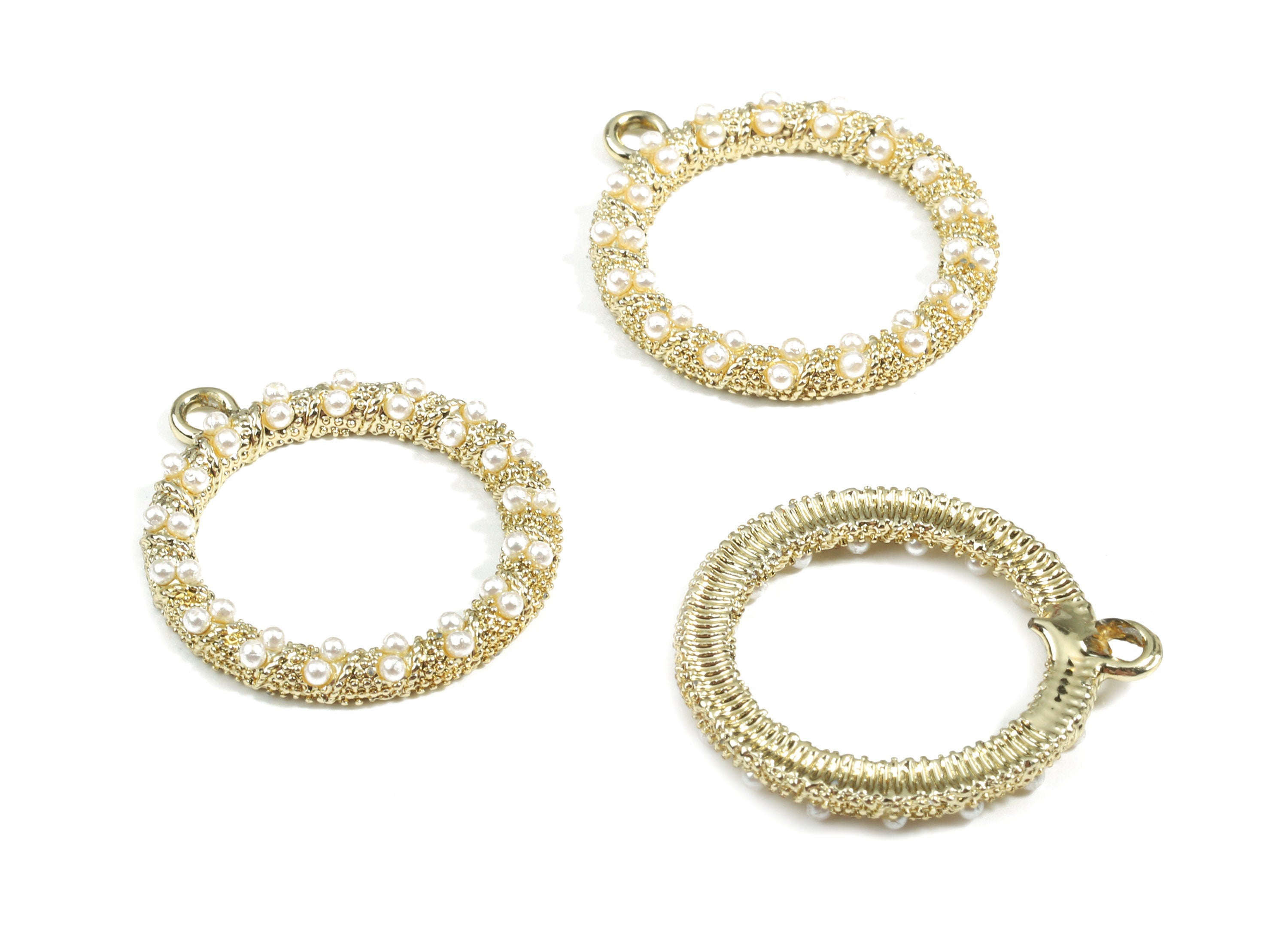 Alloy Hoop Pendant With Peals - Zinc Alloy Circle Earring Charms - Gold Tone Plated - Jewelry Supplies - 26x23.11x2.81mm - ZZ1593 - DOMEDBAZAAR