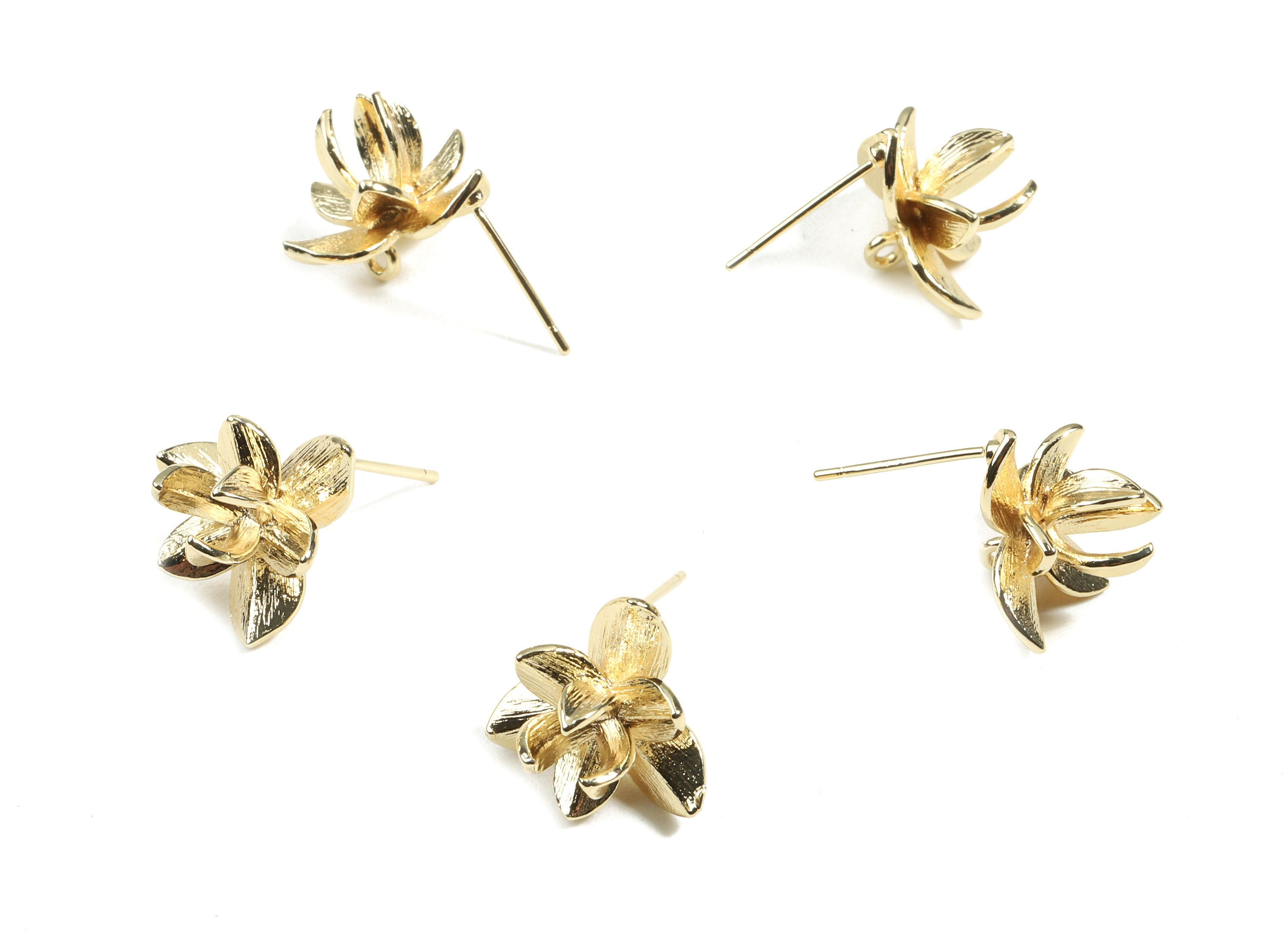 Brass Lotus Figure Earring Stud With Loop - Brass Lotus Figure Earring Post - 18K Real Gold Plated Brass - 13.53x13.53x1.02mm - RGP2459 - DOMEDBAZAAR