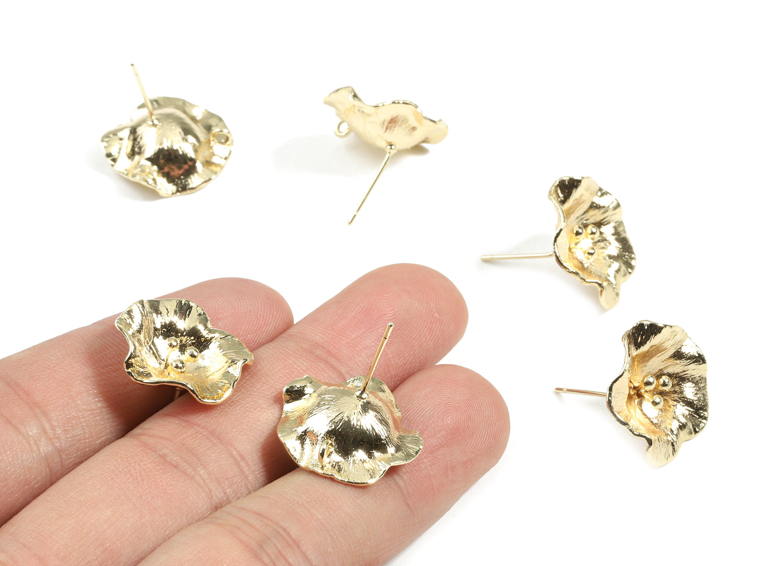 Brass Flower Earring Stud With Loop - Brass Flower Earring Post - 18K Real Gold Plated Brass - Jewelry Supplies - 17.46x17.5x2.2mm - RGP2463 - DOMEDBAZAAR