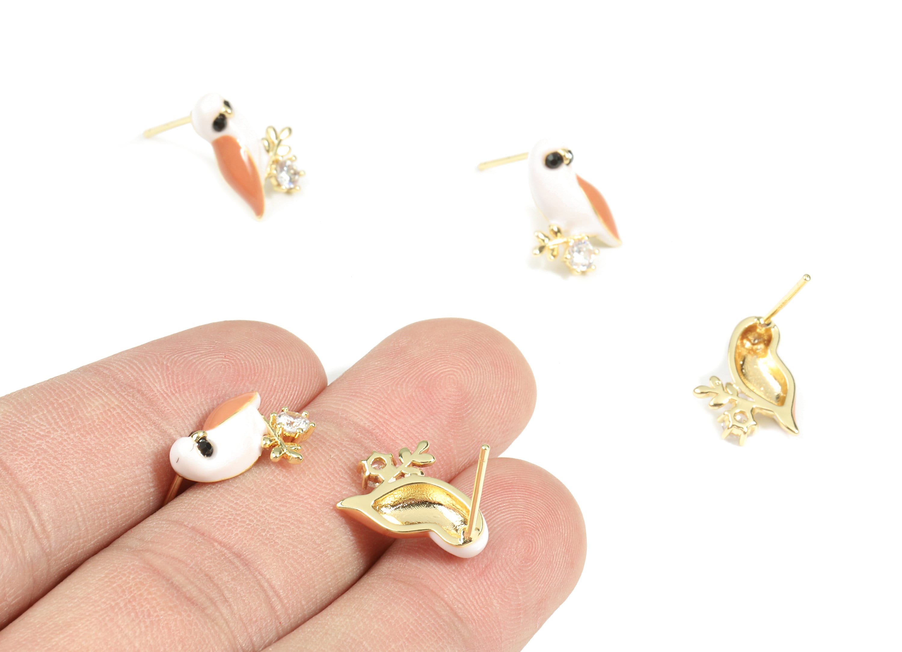 Brass Enamel Hoot Owl Earrings Own On Branch - Gold Owl Stud Earring With Zircon - 18K Real Gold Plated Brass - 14.73x10.9x3.49mm - RGP2613 - DOMEDBAZAAR