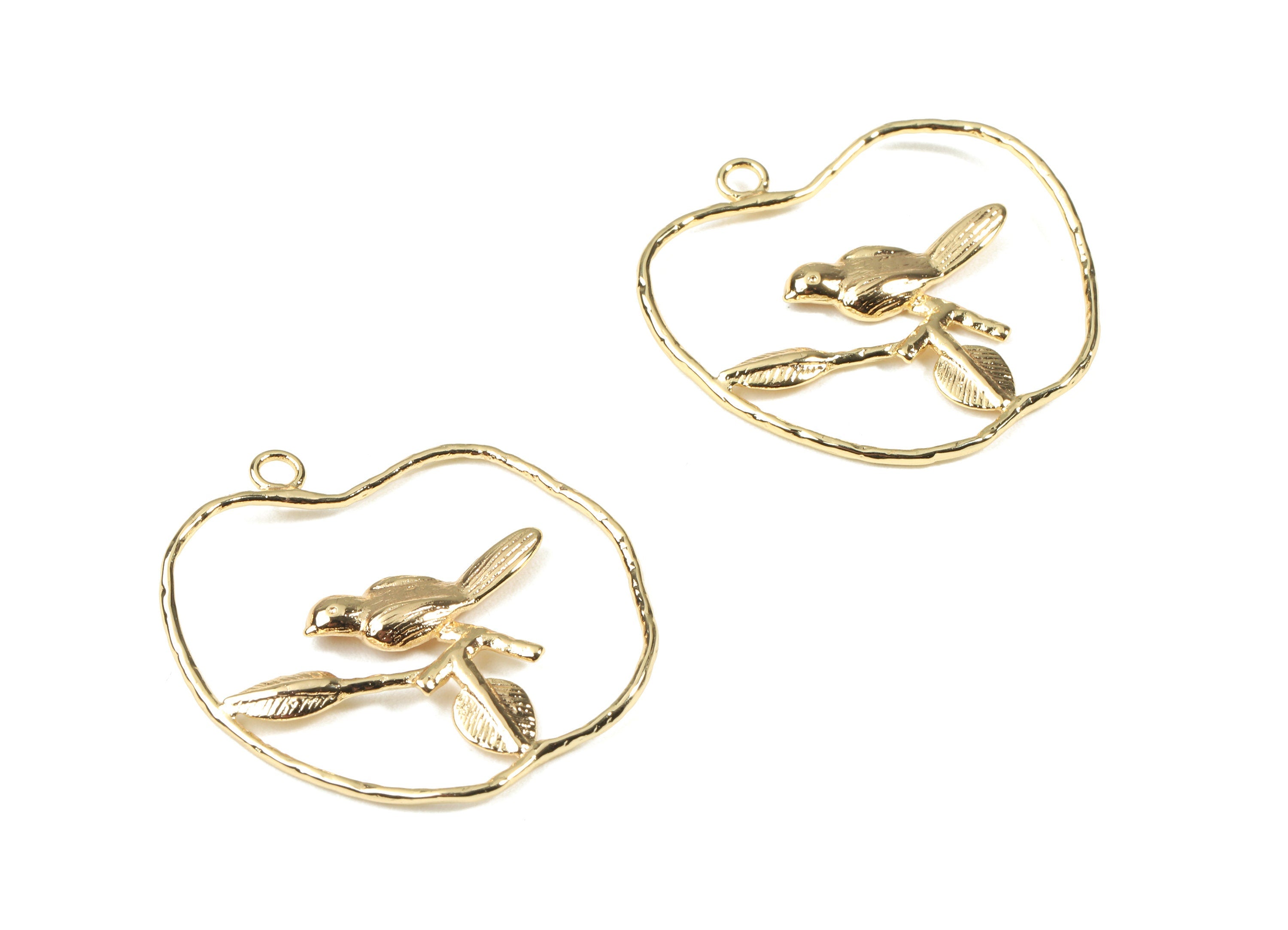 Brass Bird Earring Charms - Gold Bird On Branch Pendant - 18K Real Gold Plated Brass - Jewelry Supplies - 30.06x31.47x2.65mm - RGP2488 - DOMEDBAZAAR