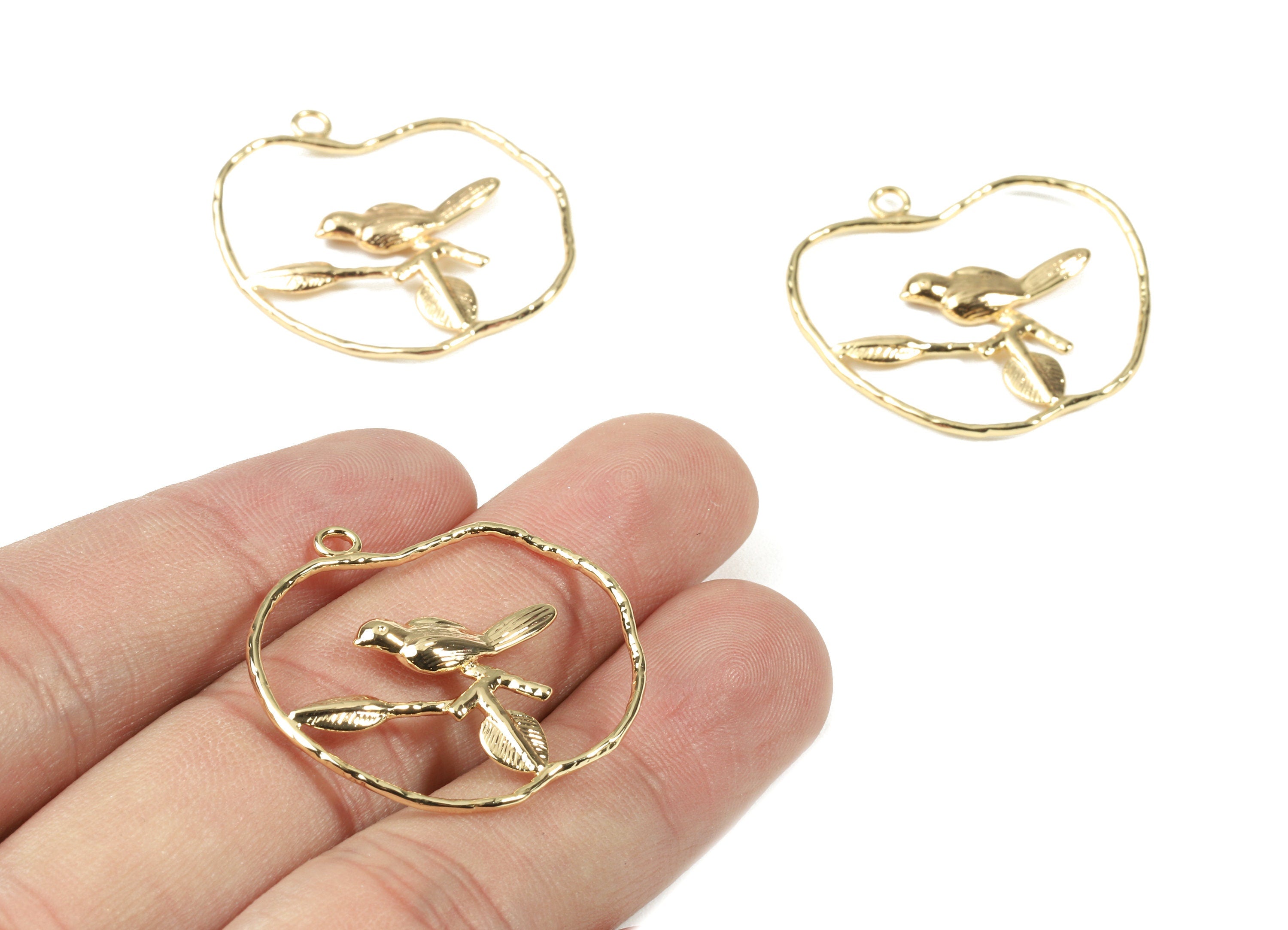 Brass Bird Earring Charms - Gold Bird On Branch Pendant - 18K Real Gold Plated Brass - Jewelry Supplies - 30.06x31.47x2.65mm - RGP2488 - DOMEDBAZAAR