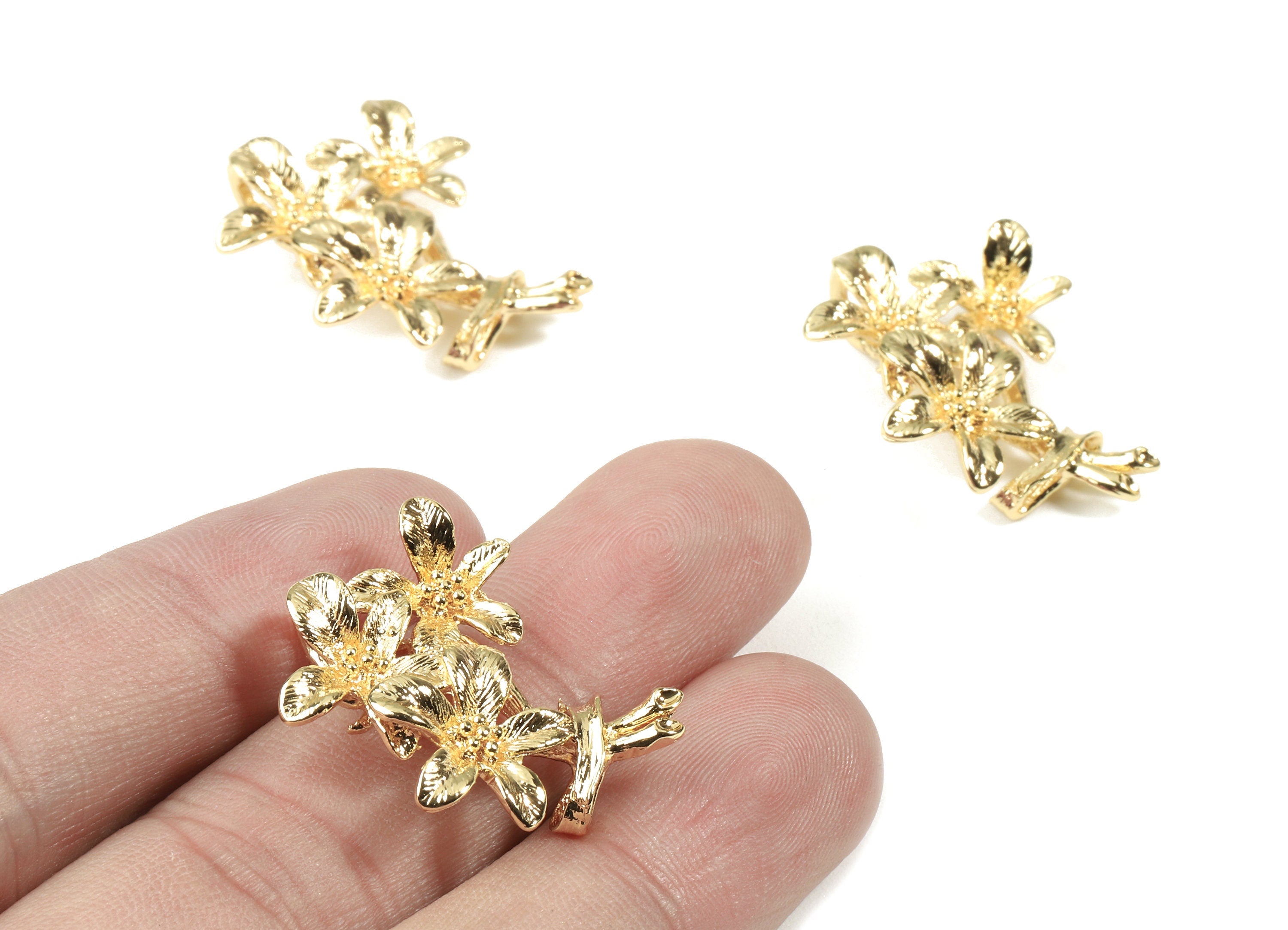 Brass Branch Earring Charms - Gold Cherry Blossom Necklace Pendant - 18K Real Gold Plated Brass - 29.84x22.56x7.74mm - RGP2471 - DOMEDBAZAAR