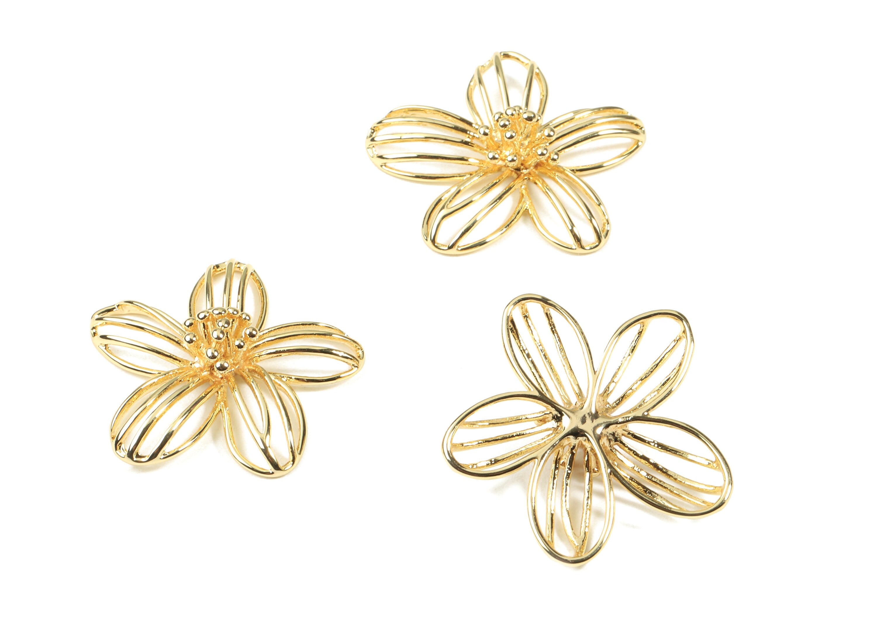 Brass Brooch Charms - Gold Brass Flower Brooch - 18K Real Gold Plated Brass - Jewelry Supplies - 26.79x26.79x6.67mm - RGP2476 - DOMEDBAZAAR