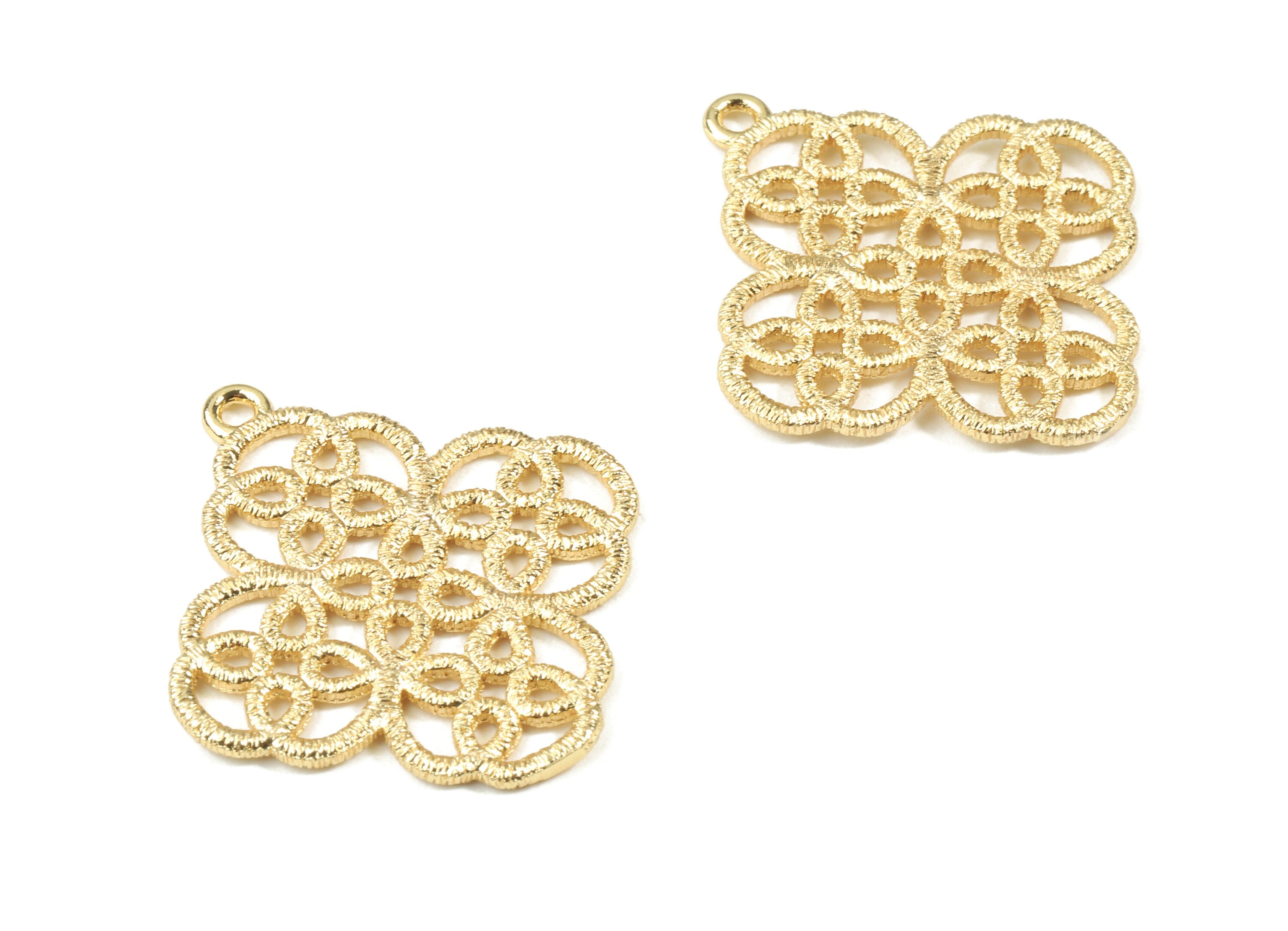 Brass Flower Earring Charms - Gold Flower Pendant - 18K Real Gold Plated Brass - Jewelry Supplies - 29.54x26.83x1.35mm - RGP2495 - DOMEDBAZAAR