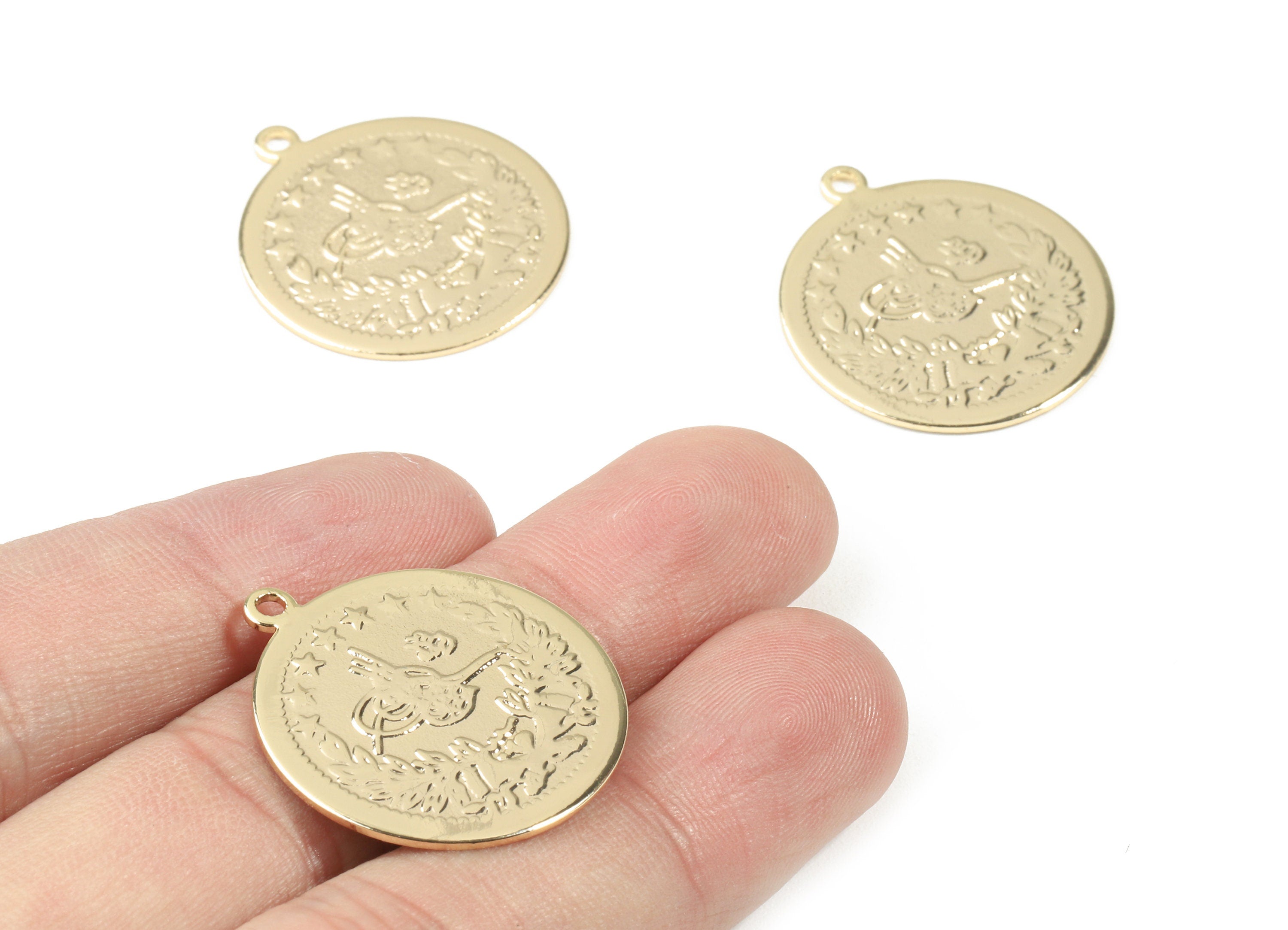 Brass Ottoman Tughra Earring Charms - Sultans Signature Round Necklace Pendant - 18K Real Gold Plated Brass - 28.63x25.41x1.18mm - RGP2491 - DOMEDBAZAAR