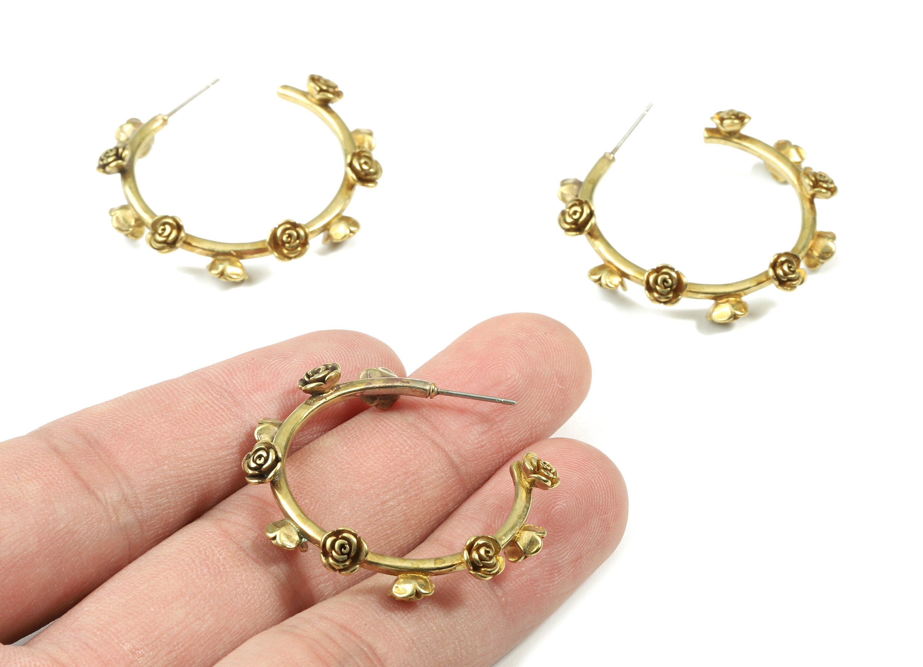 Brass Rose C Earring Stud - Raw Brass C Earring Post & Rose Figured - Earring Post - Jewelry Supplies - 35.65x35.65x5.16mm - PP3081 - DOMEDBAZAAR