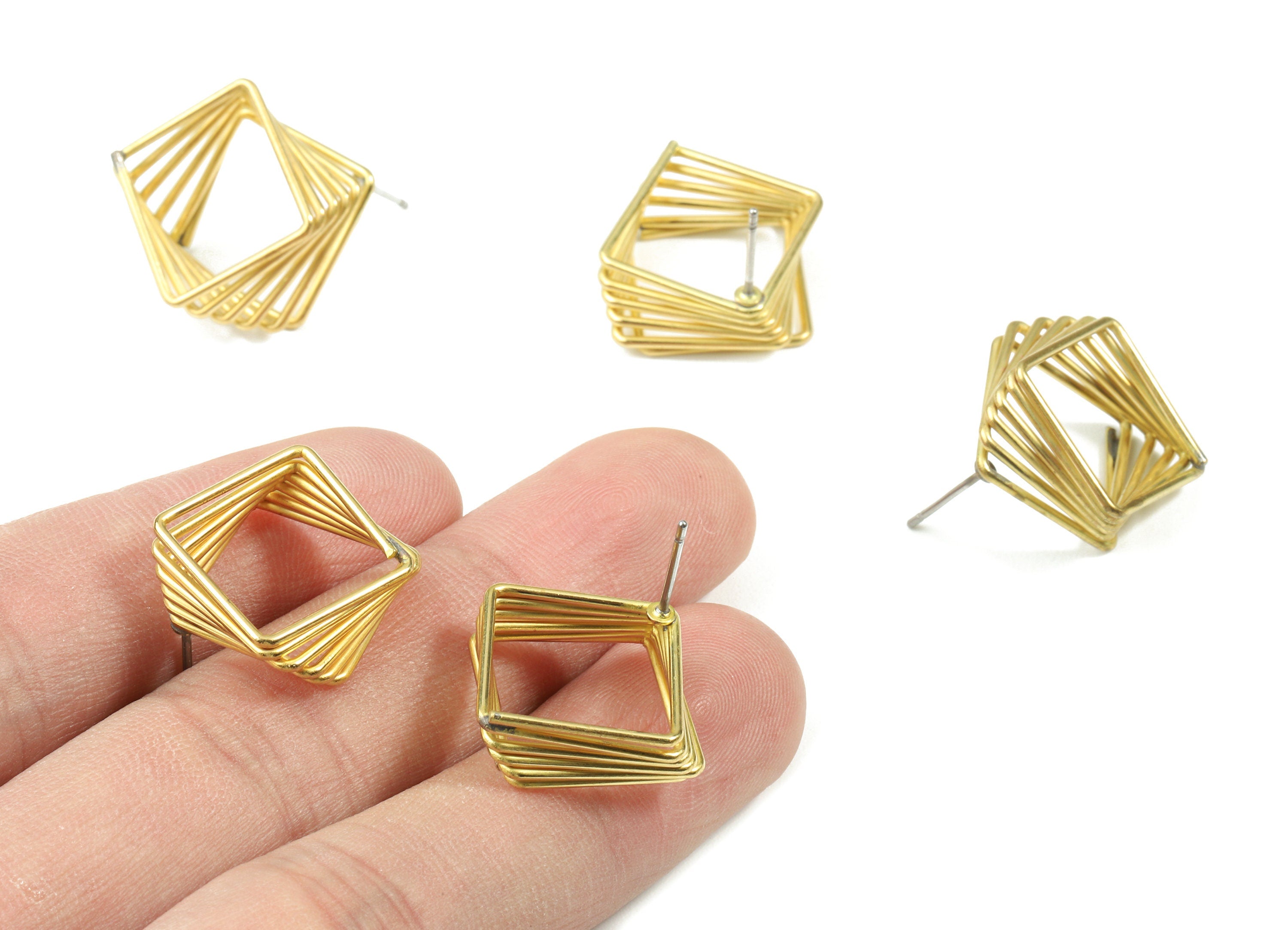 Brass Square Earring Stud - Raw Brass Multi Squares Earring Post - Steel Stud - Earring Post - Jewelry Supplies - 15.93x15.9x1.36mm - PP3076 - DOMEDBAZAAR