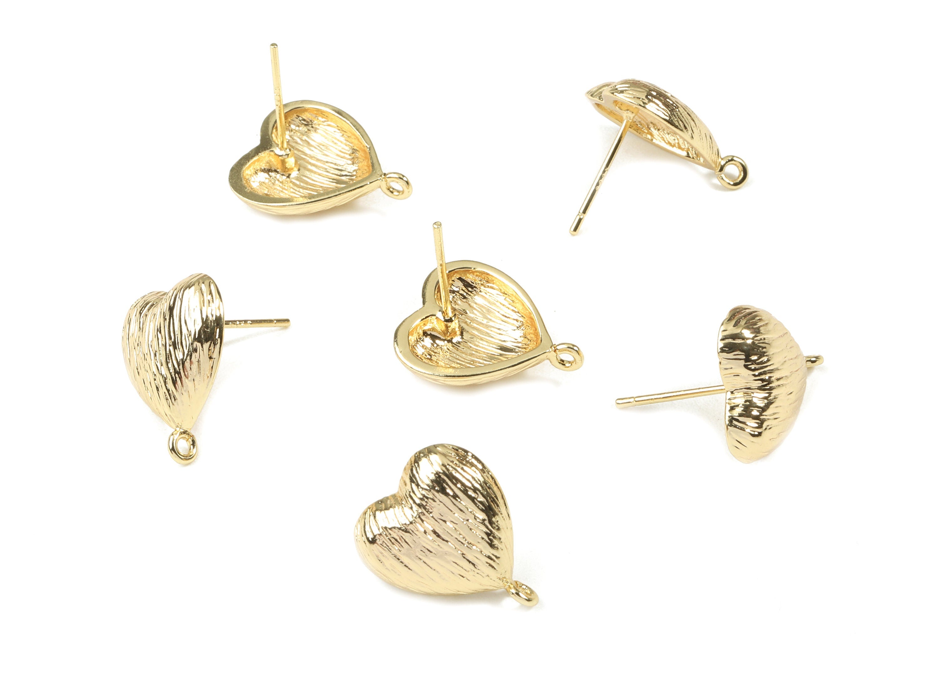 Brass Heart Earring Stud With Loop - Gold Heart Earring Post - 18K Real Gold Plated Brass - Surgical Stud - 15.95x13.03x1.27mm - RGP2543 - DOMEDBAZAAR