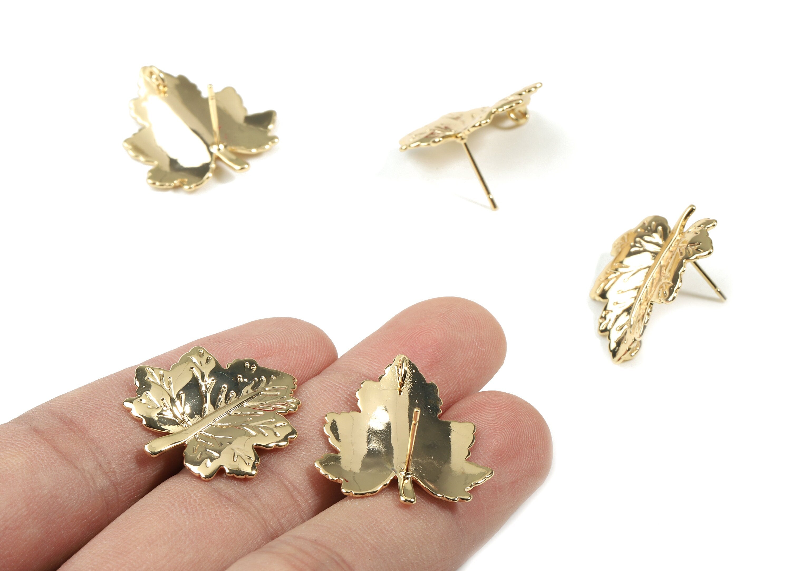 Brass Leaf Earring Stud With Loop - Gold Leaf Earring Post - 18K Real Gold Plated Brass - Surgical Stud - 25.9x23.4x1.02mm - RGP2554 - DOMEDBAZAAR