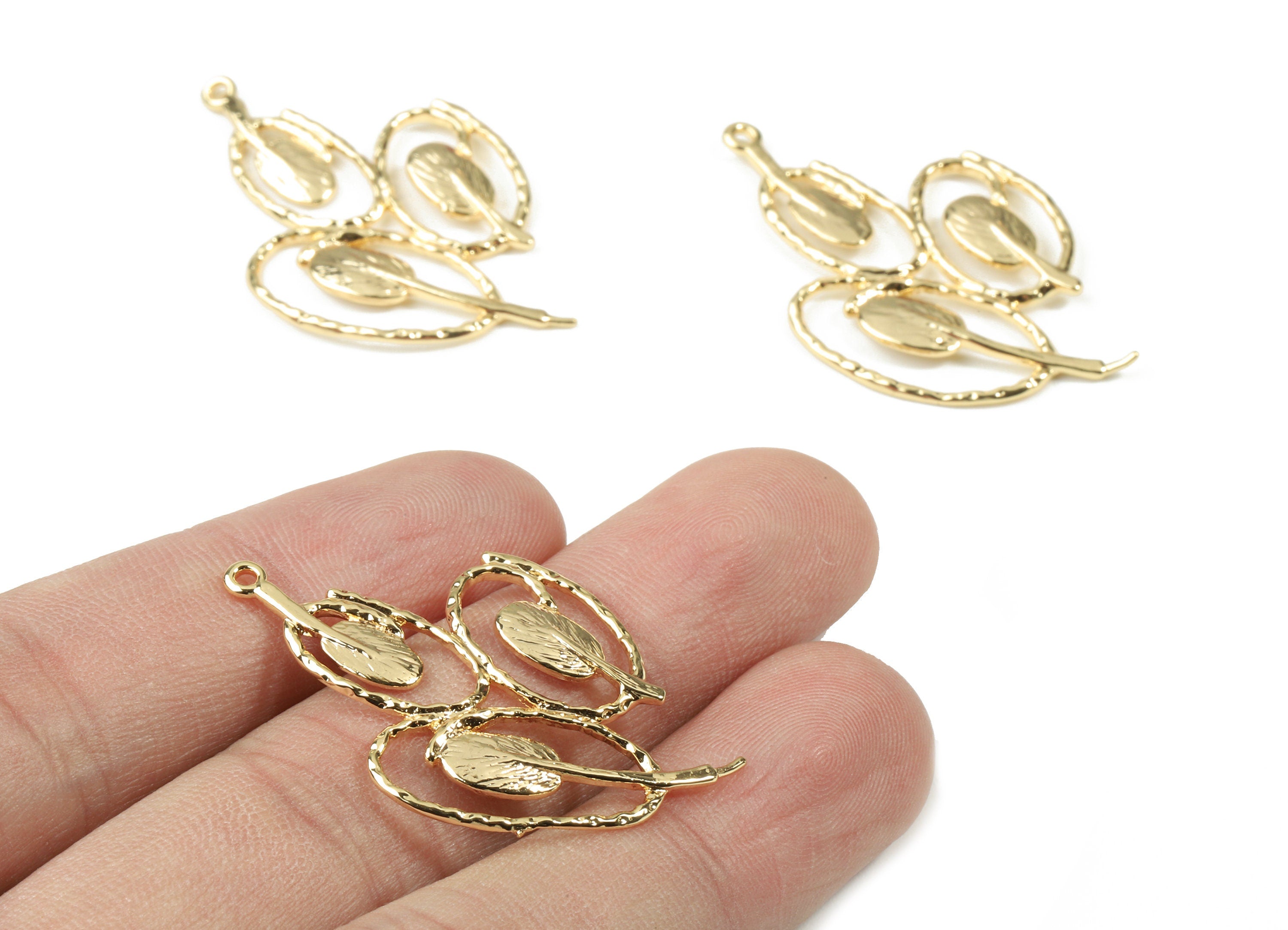 Brass Oval Leaf Earring Charms - Gold Leaf Pendant - 18K Real Gold Plated Brass - Jewelry Supplies - 39.14x25.48x1.86mm - RGP2534 - DOMEDBAZAAR