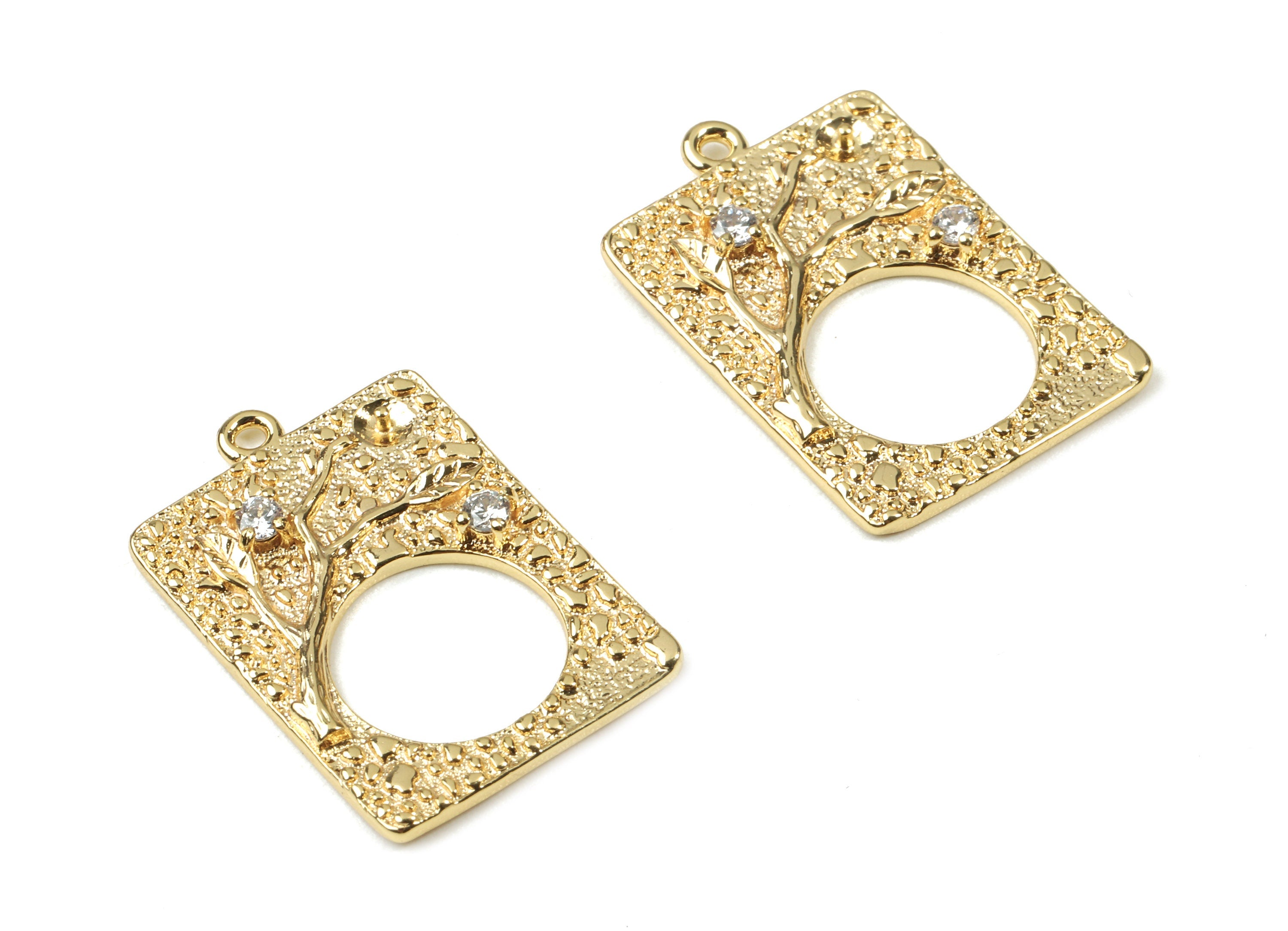Brass Rectangle Earring Charms With Zincon - Gold Rectangle Flower Pendant - 18K Real Gold Plated Brass - 25.15x17.16x2.62mm - RGP2542 - DOMEDBAZAAR