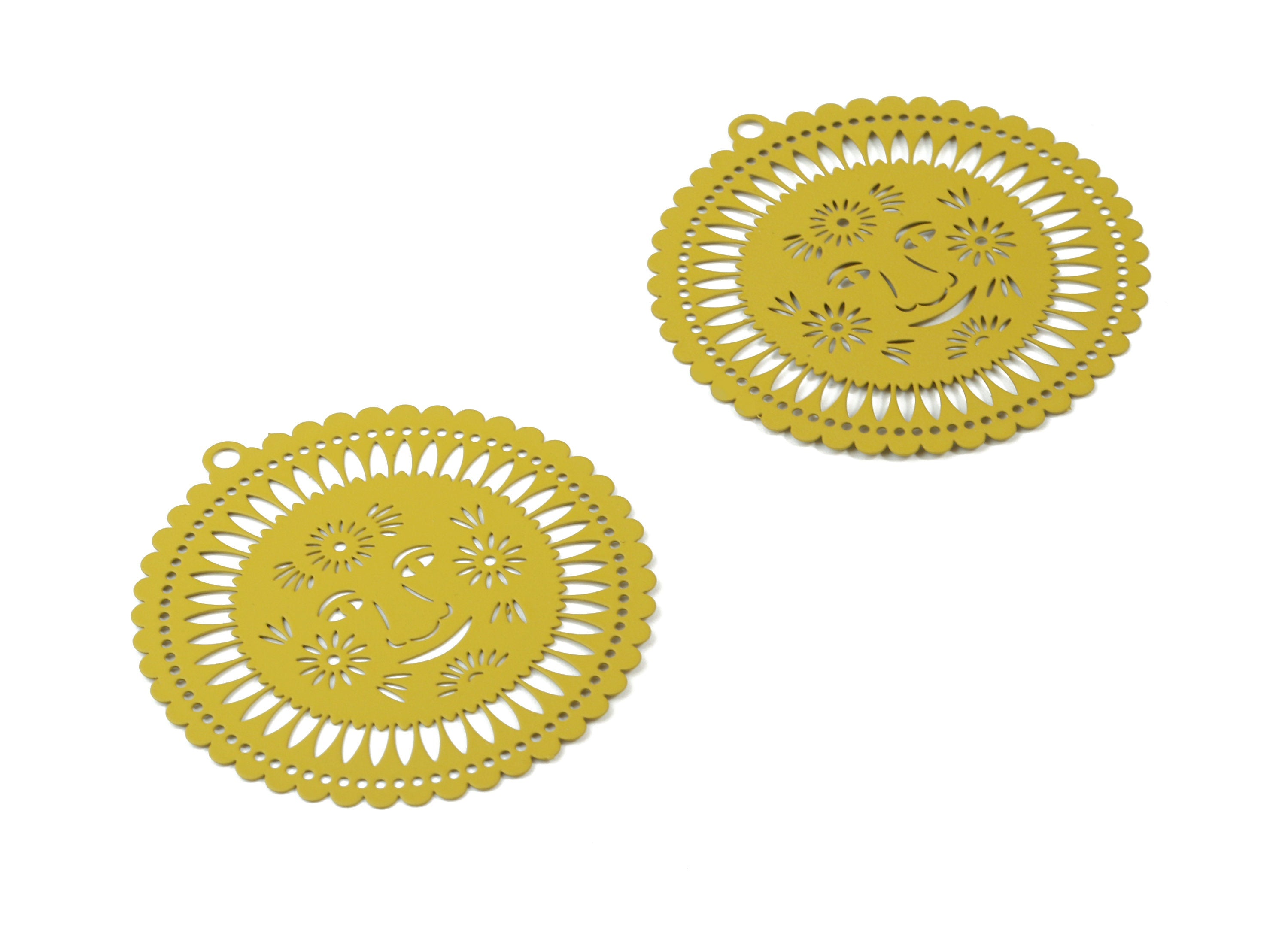 Dark Yellow Smiling Sun Brass Pendant - Brass Smiling Sun For Necklace - Earring Charms - Color Code: J08 - 51.6x49x0.4mm - JJA4448-J08 - DOMEDBAZAAR