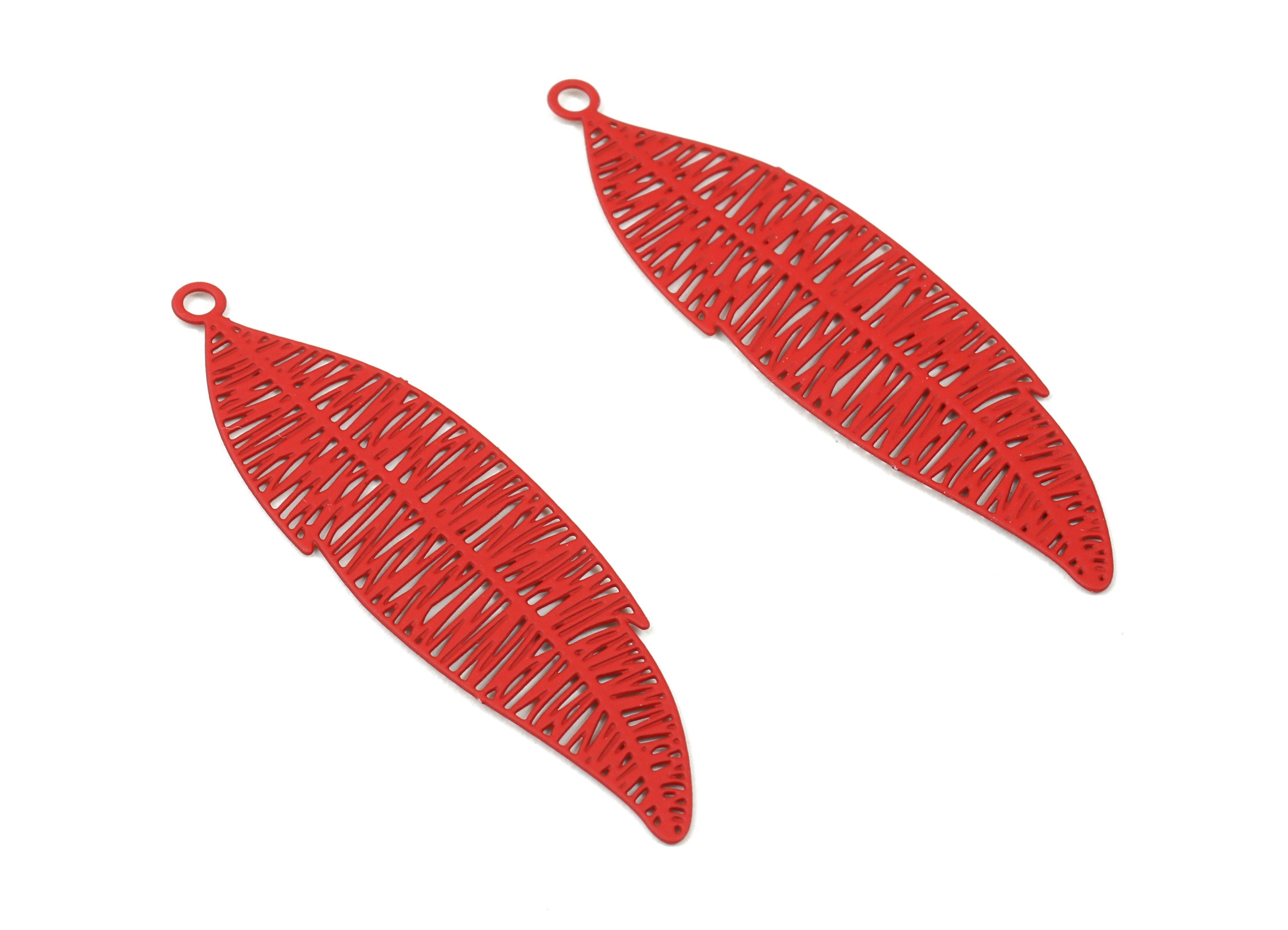 Red Feather Brass Pendant - Brass Feather For Necklace - Earring Charms - Jewelry Supplies - Color Code: J09 - 42.1x11.5x0.4mm-JJC9337-J09 - DOMEDBAZAAR