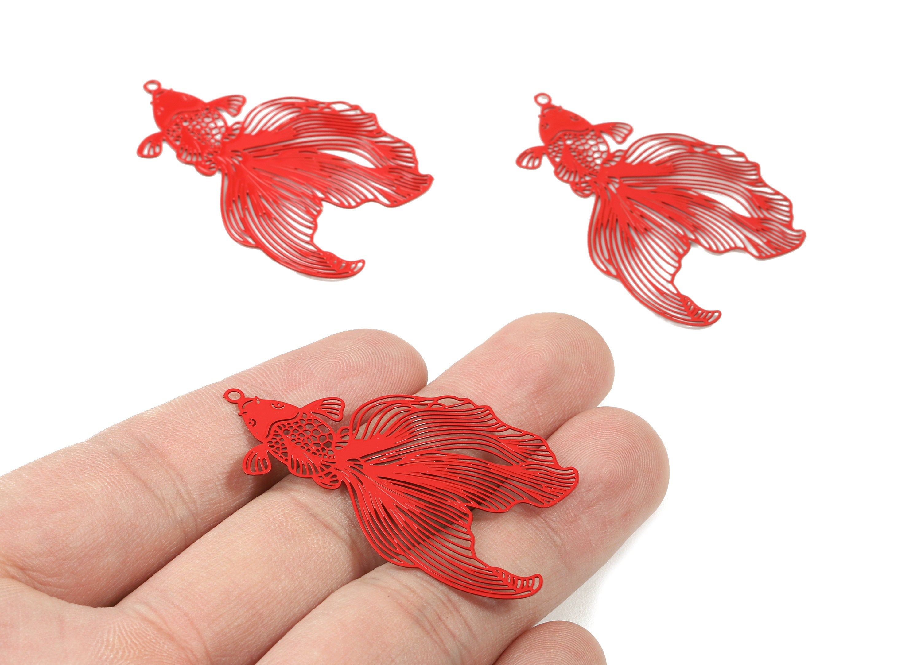 Red Goldfish Brass Pendant - Brass Goldfish For Necklace Earring Charms - Jewellery Supplies - Color Code: J19 - 49x31x0.4mm - JJB5587-J19 - DOMEDBAZAAR