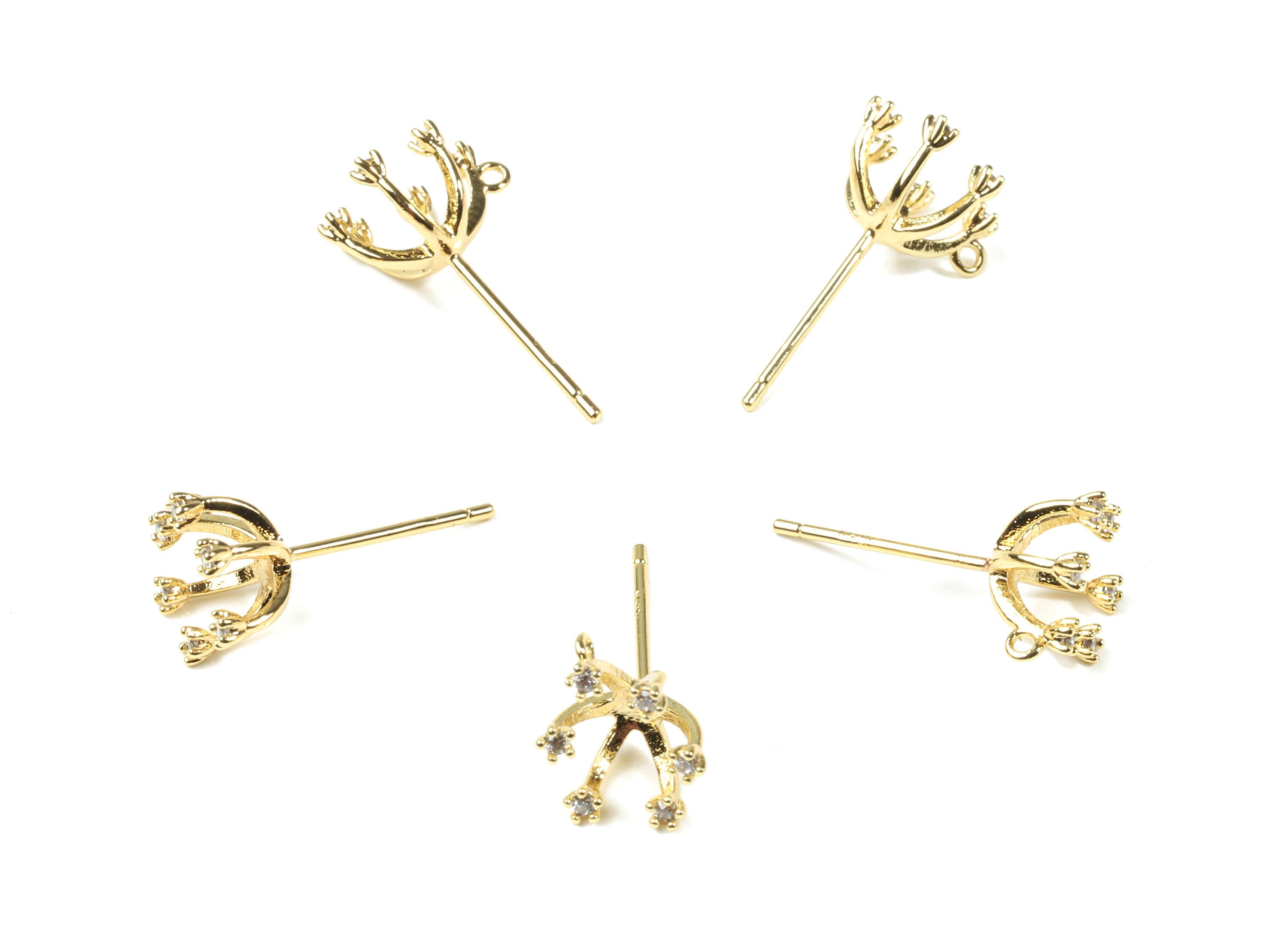Brass Flower Earring Stud With Loop - 6 Zircon Flower Earring Post - 18K Real Gold Plated Brass - Surgical Stud - 9.13x9.13x1.96mm - RGP2577 - DOMEDBAZAAR