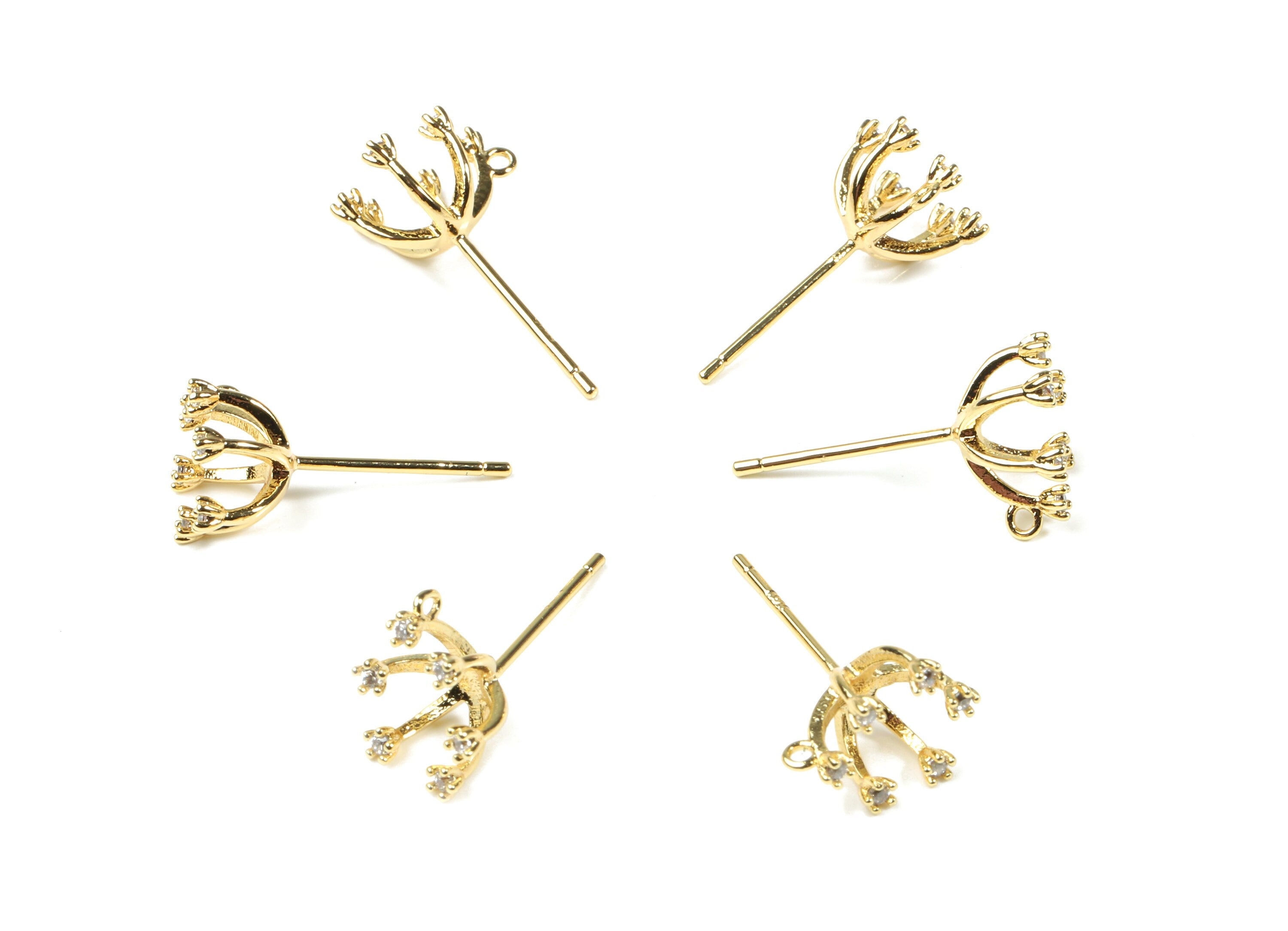 Brass Flower Earring Stud With Loop - 6 Zircon Flower Earring Post - 18K Real Gold Plated Brass - Surgical Stud - 9.13x9.13x1.96mm - RGP2577 - DOMEDBAZAAR