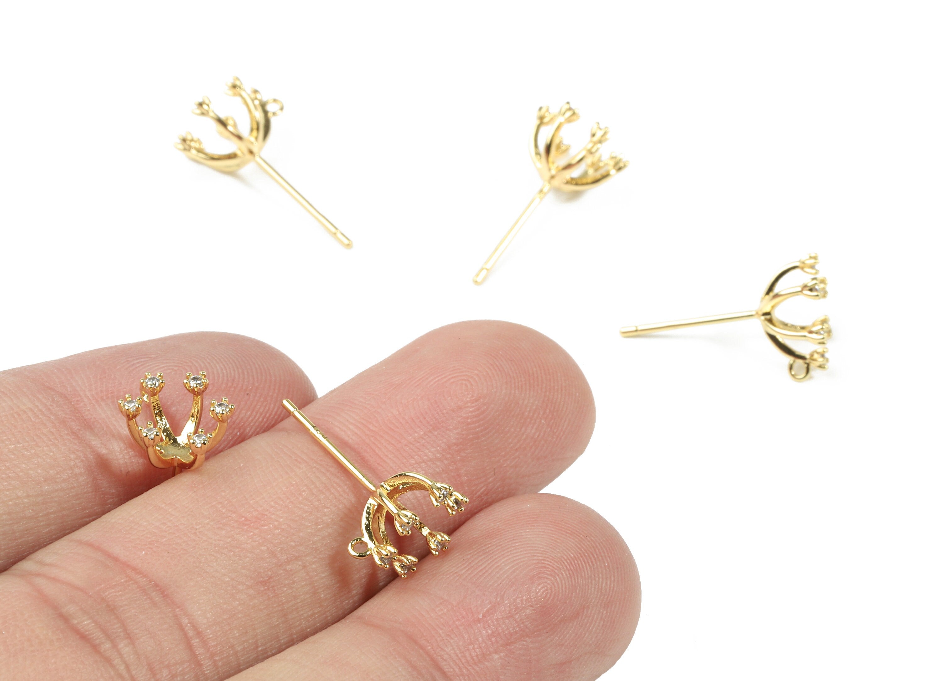 Brass Flower Earring Stud With Loop - 6 Zircon Flower Earring Post - 18K Real Gold Plated Brass - Surgical Stud - 9.13x9.13x1.96mm - RGP2577 - DOMEDBAZAAR