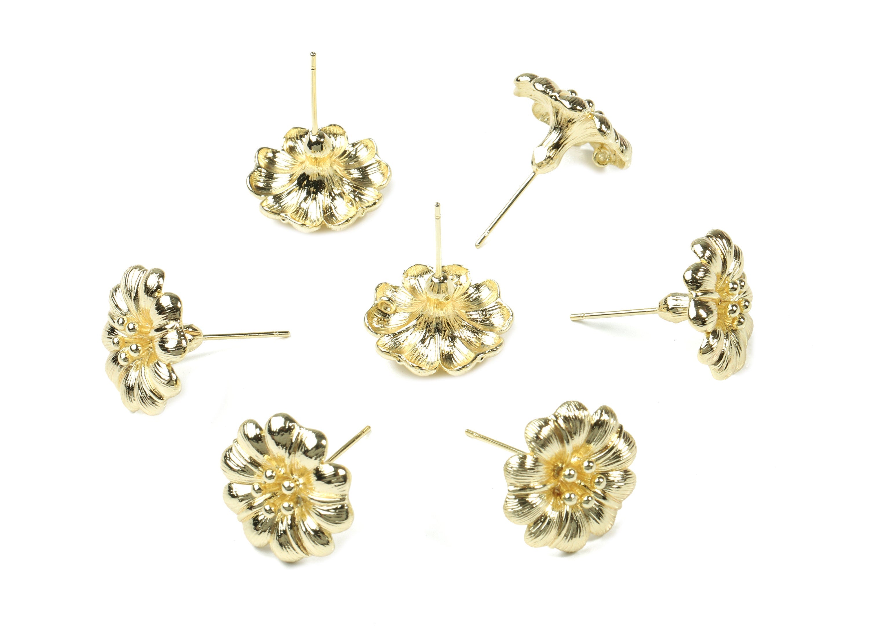 Brass Flower Earring Stud With Loop - Gold Flower Earring Post - 18K Real Gold Plated Brass - Surgical Stud - 16.77x16.77x1.51mm - RGP2579 - DOMEDBAZAAR