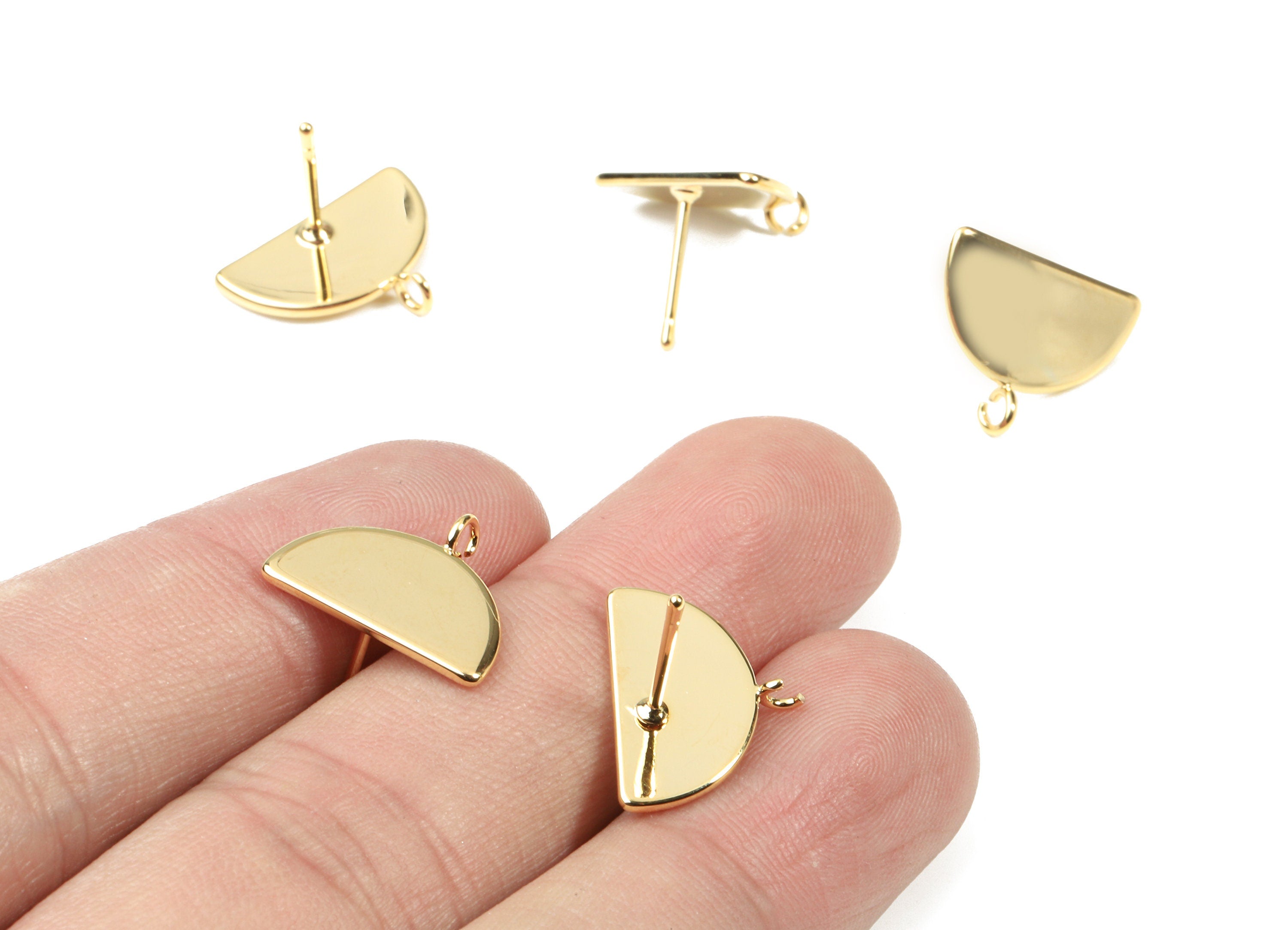 Brass Half Moon Earring Stud With Loop - Gold Semicircle Earring Post - 18K Real Gold Plated Brass - 16.29x12.52x1.26mm - RGP2574 - DOMEDBAZAAR