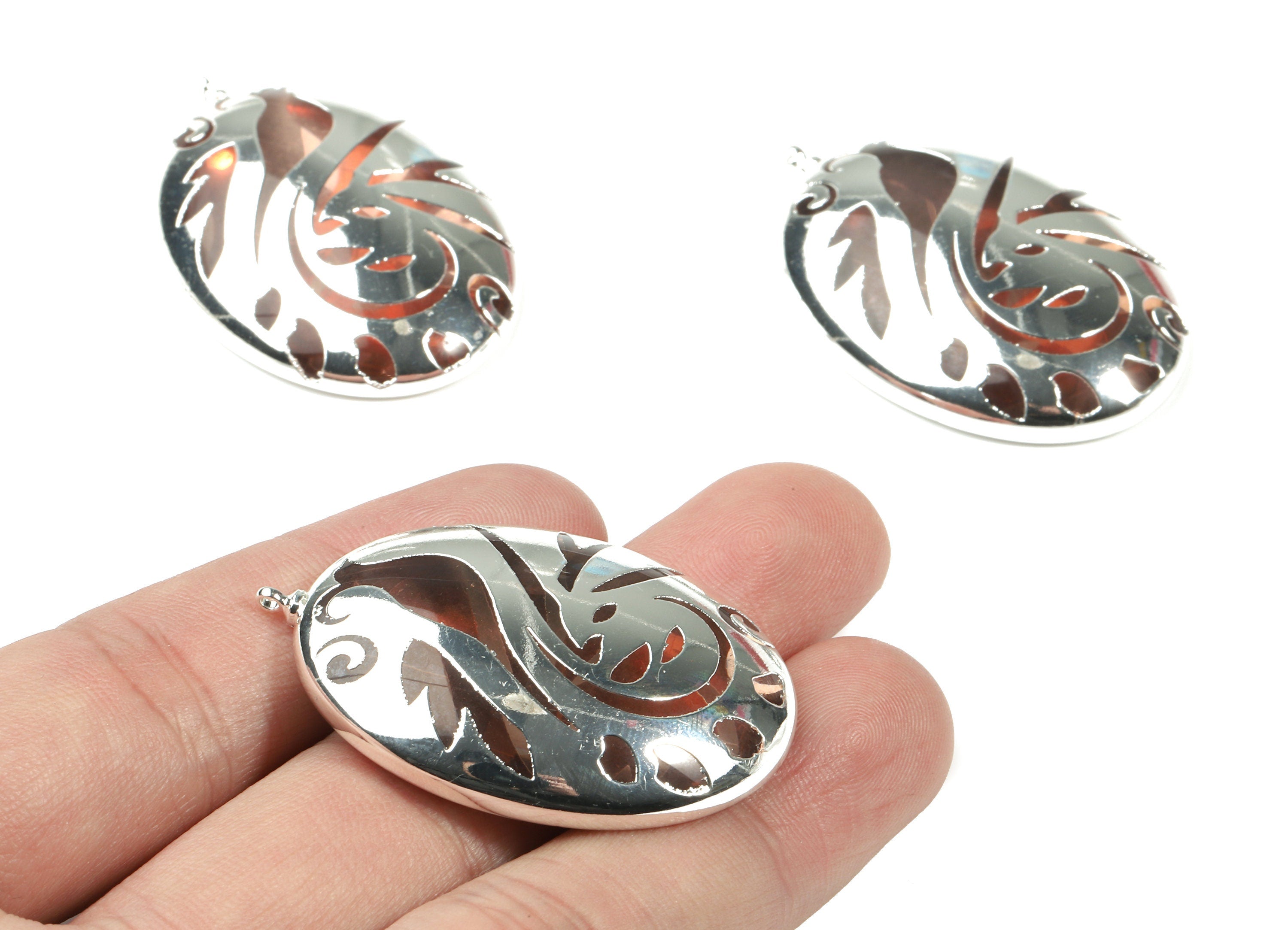 Glass Peacock Oval Pendant - 925 Silver Finished Glass Charms - Copper and Glass Peacock Charm - 43.54x30.04x8.02mm - GS1033S - DOMEDBAZAAR