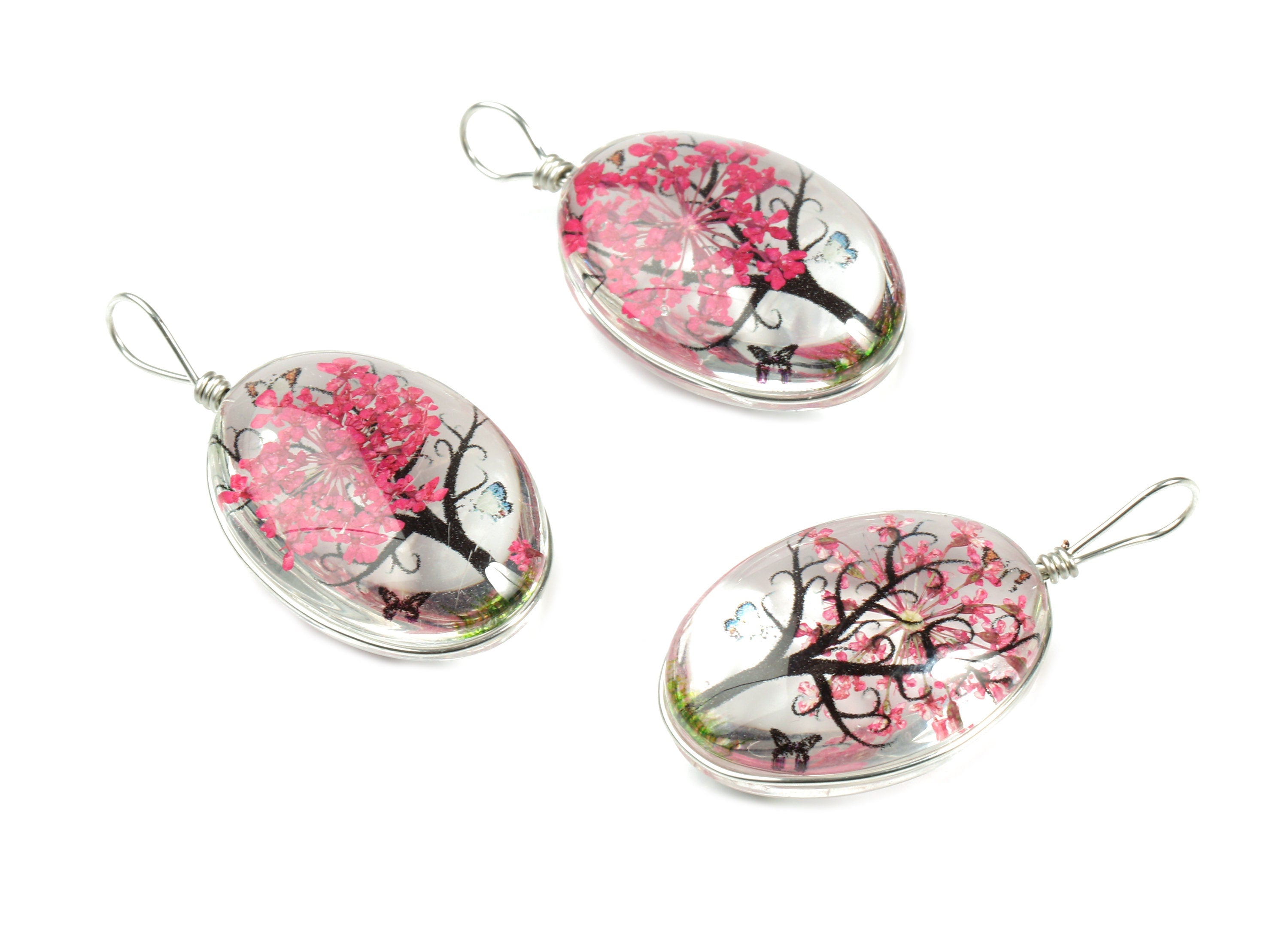 Real Flower Tree Pendant - Pressed Fushia Flower in Oval Glass - Handmade Pressed Natural Flower Jewelry - 36.74x18.55x10.53mm - GS1034A - DOMEDBAZAAR