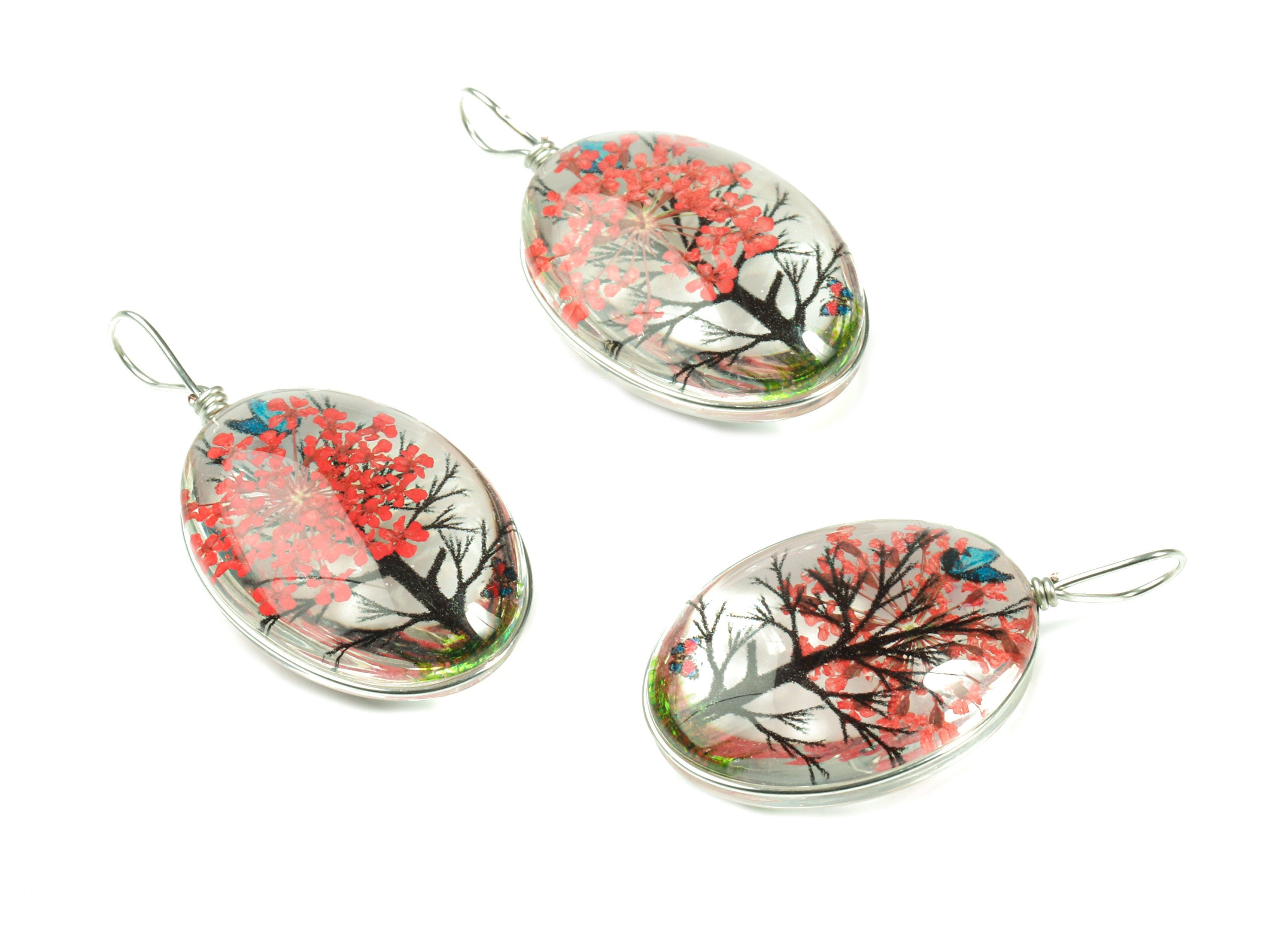 Real Flower Tree Pendant - Pressed Red Flower in Oval Glass - Handmade Pressed Natural Flower Jewelry - 36.74x18.55x10.53mm - GS1034C - DOMEDBAZAAR