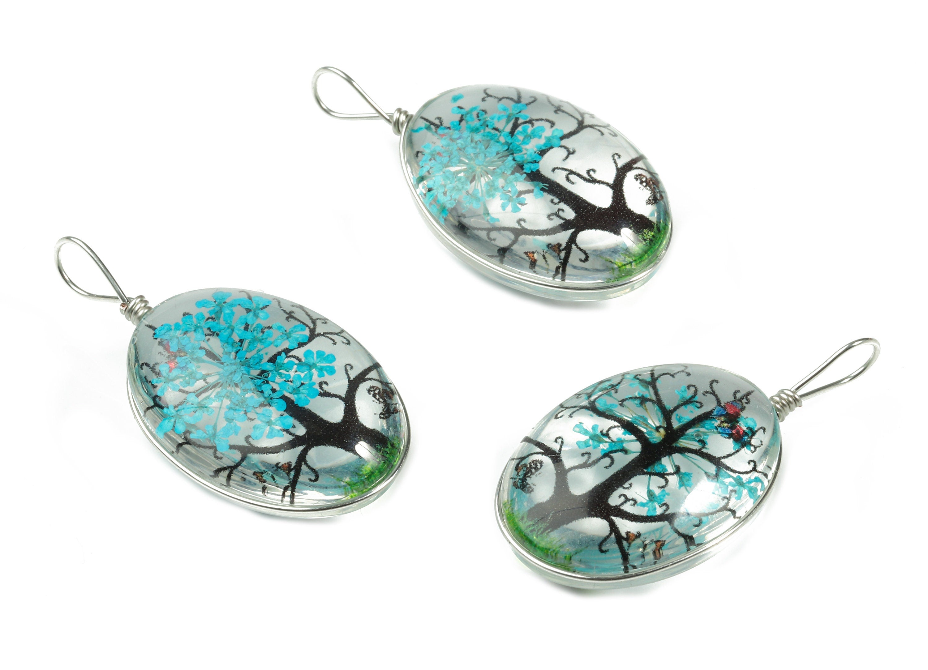 Real Flower Tree Pendant - Pressed Blue Flower in Oval Glass - Handmade Pressed Natural Flower Jewelry - 36.74x18.55x10.53mm - GS1034D - DOMEDBAZAAR