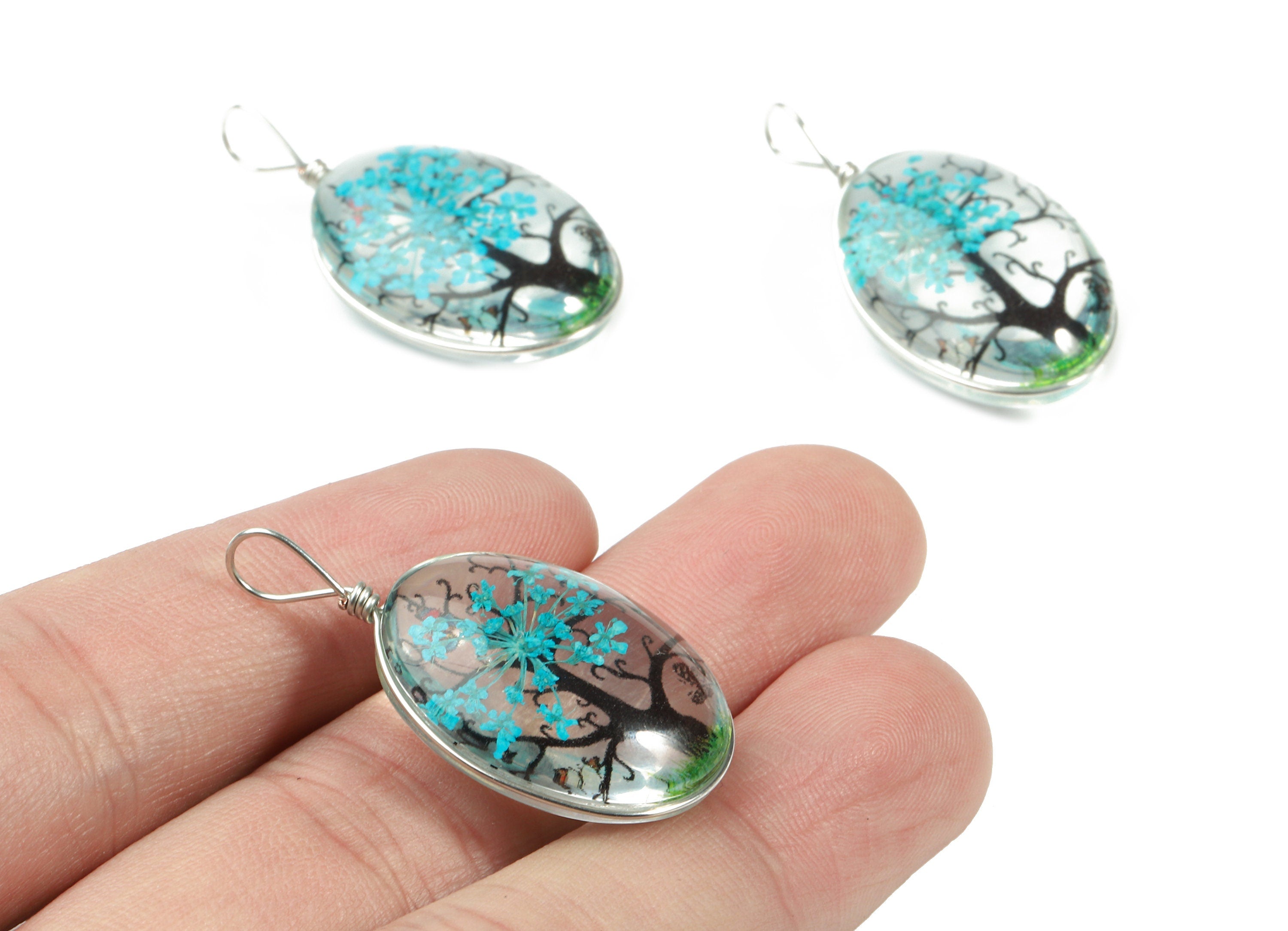 Real Flower Tree Pendant - Pressed Blue Flower in Oval Glass - Handmade Pressed Natural Flower Jewelry - 36.74x18.55x10.53mm - GS1034D - DOMEDBAZAAR