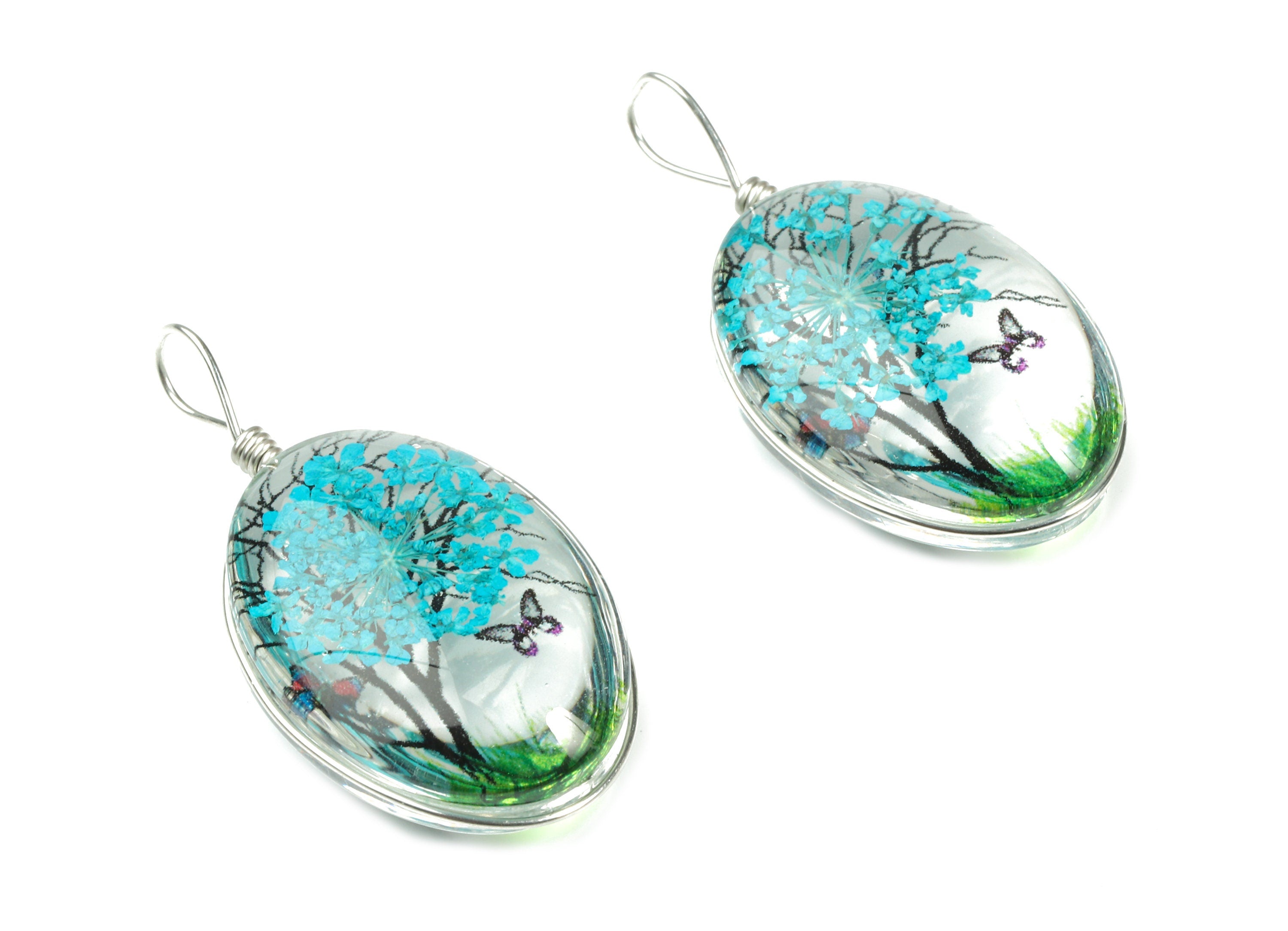 Real Flower Tree Pendant - Pressed Blue Flower in Oval Glass - Handmade Pressed Natural Flower Jewelry - 36.74x18.55x10.53mm - GS1034E - DOMEDBAZAAR