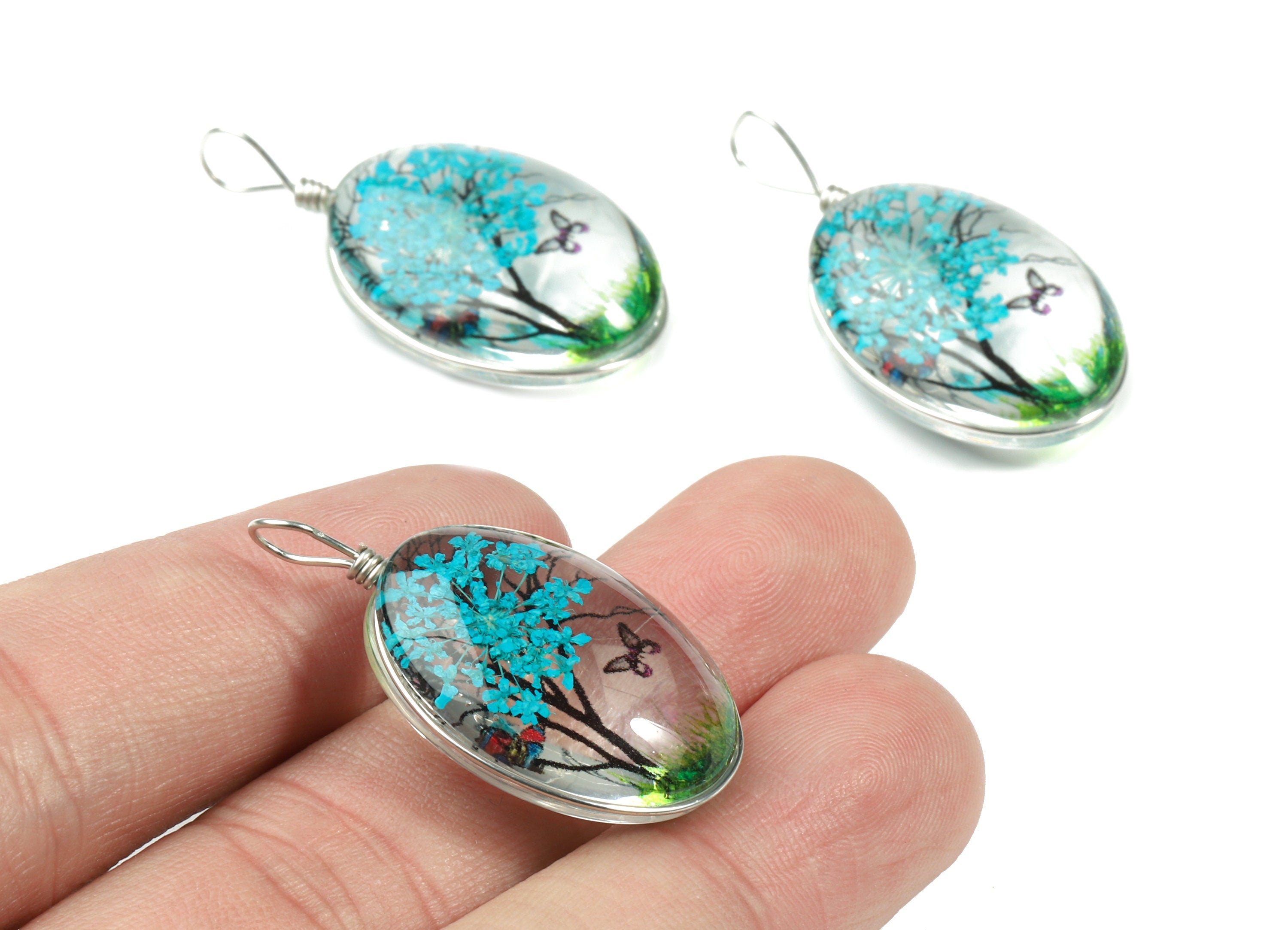 Real Flower Tree Pendant - Pressed Blue Flower in Oval Glass - Handmade Pressed Natural Flower Jewelry - 36.74x18.55x10.53mm - GS1034E - DOMEDBAZAAR